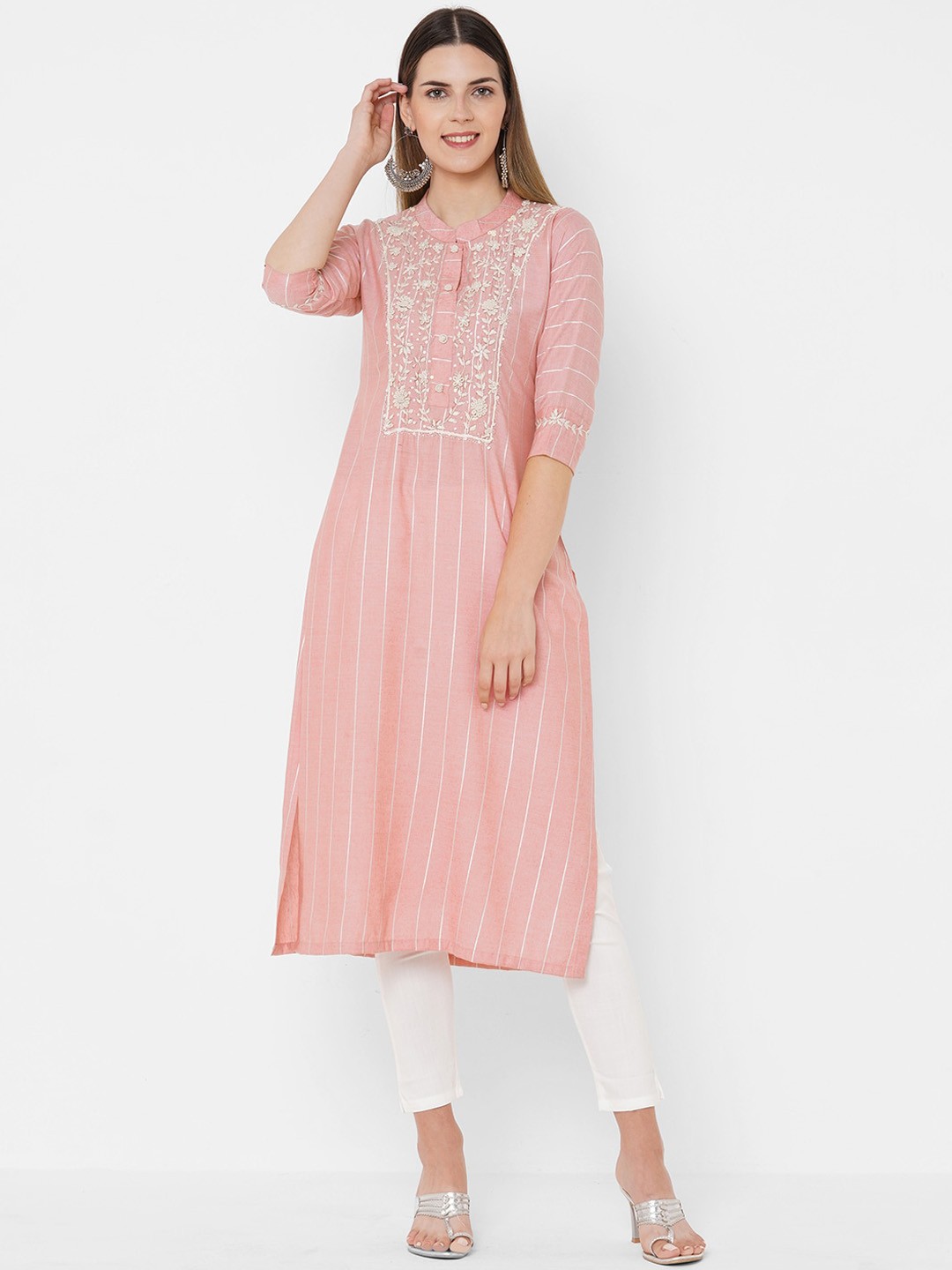

FASHOR Women Pink Ethnic Motifs Yoke Design Regular Straight Thread Work Kurta Set