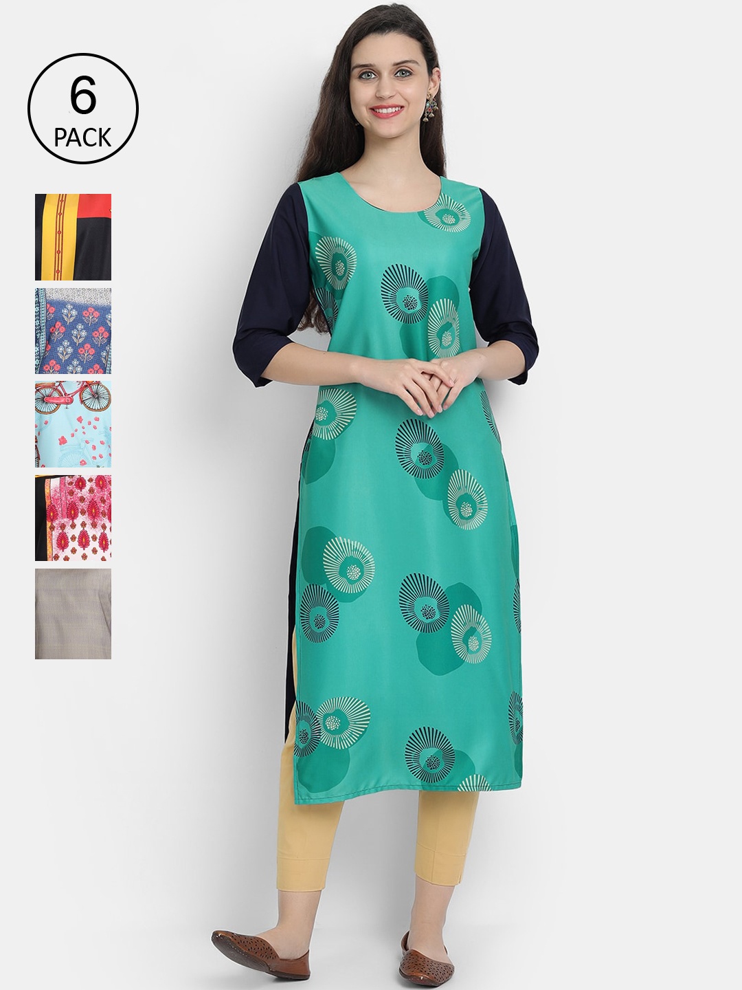 

Ethnic basket Women Pack Of 6 Printed Crepe Kurtas, Multi