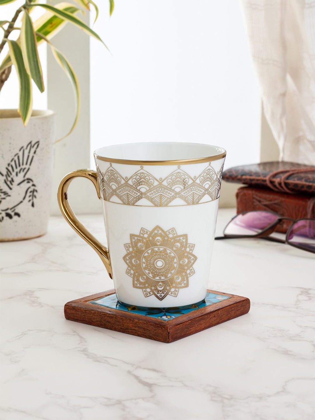 

CLAY CRAFT White & Gold-Toned Printed Ceramic Mug 320 ml