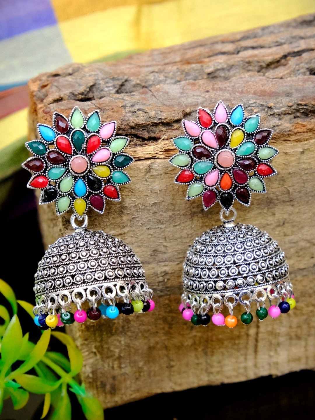 

Crunchy Fashion Multi Coloured Oxidised Silver-Plated Stone Studded & Beaded Jhumkas