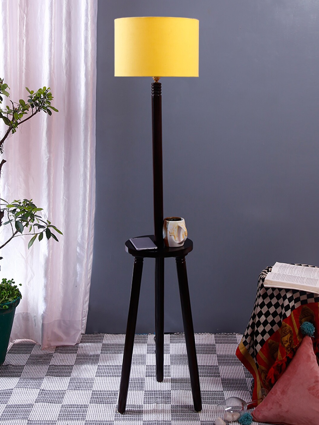 Devansh Yellow & Brown Solid Traditional Shelf Lamp with Shade