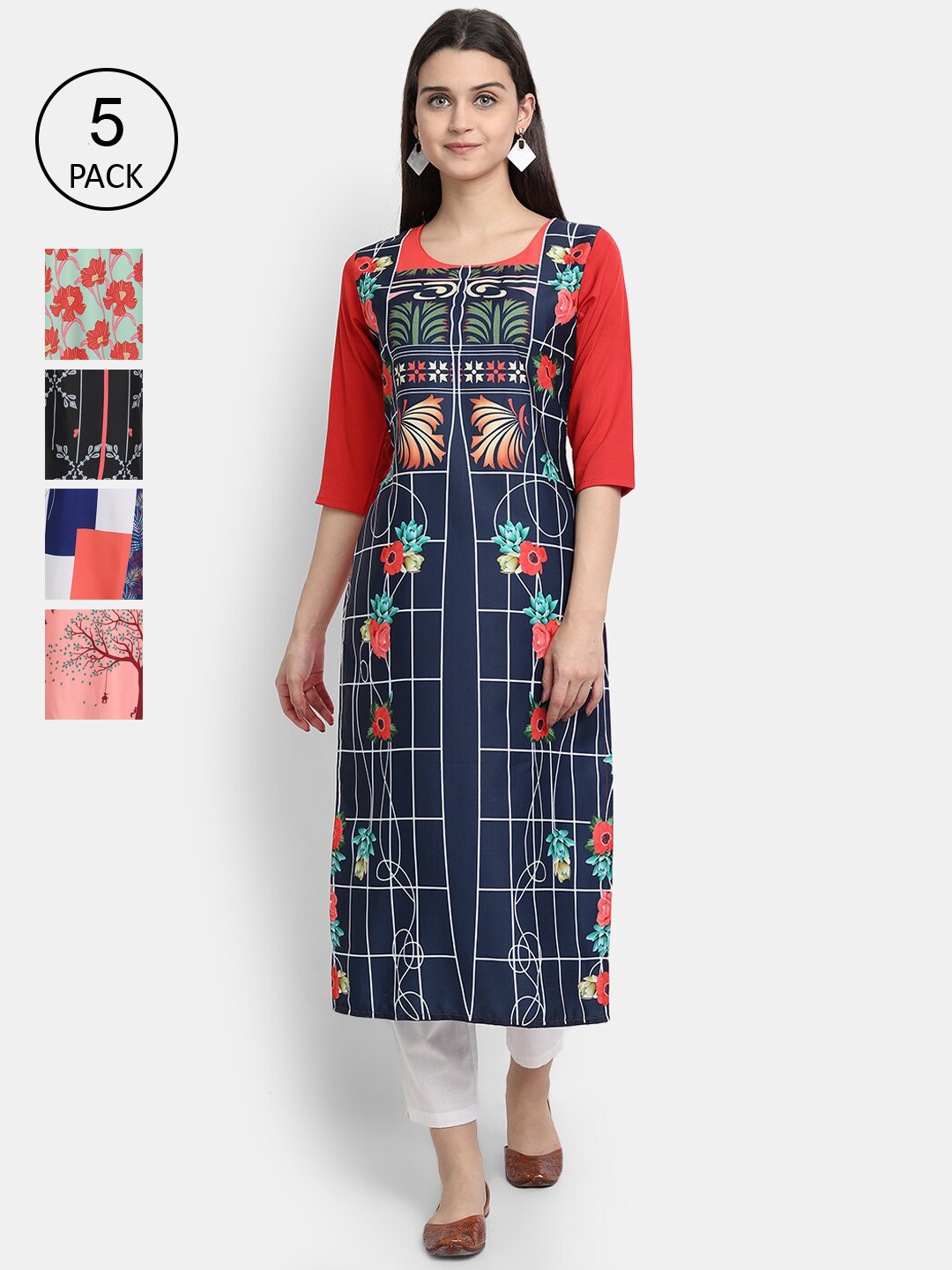 

Ethnic basket Pack of 5 Women Multicoloured Ethnic Motifs Printed Crepe Kurta, Multi