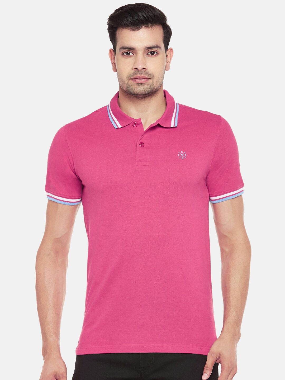 

People Men Pink Solid Polo Collar T-shirt
