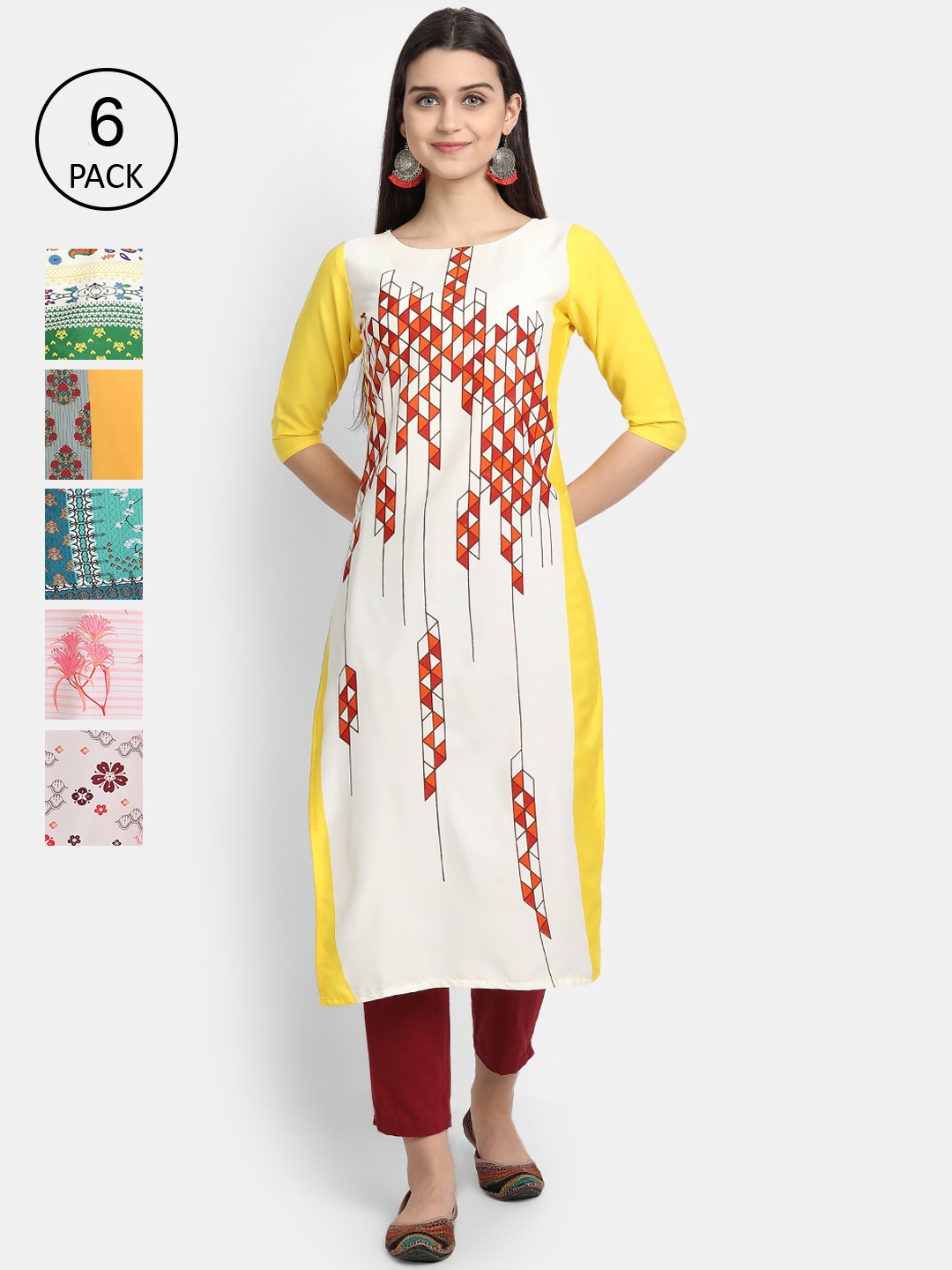 

Ethnic basket Women Pack of 6 Geometric Printed Crepe Kurta, Multi