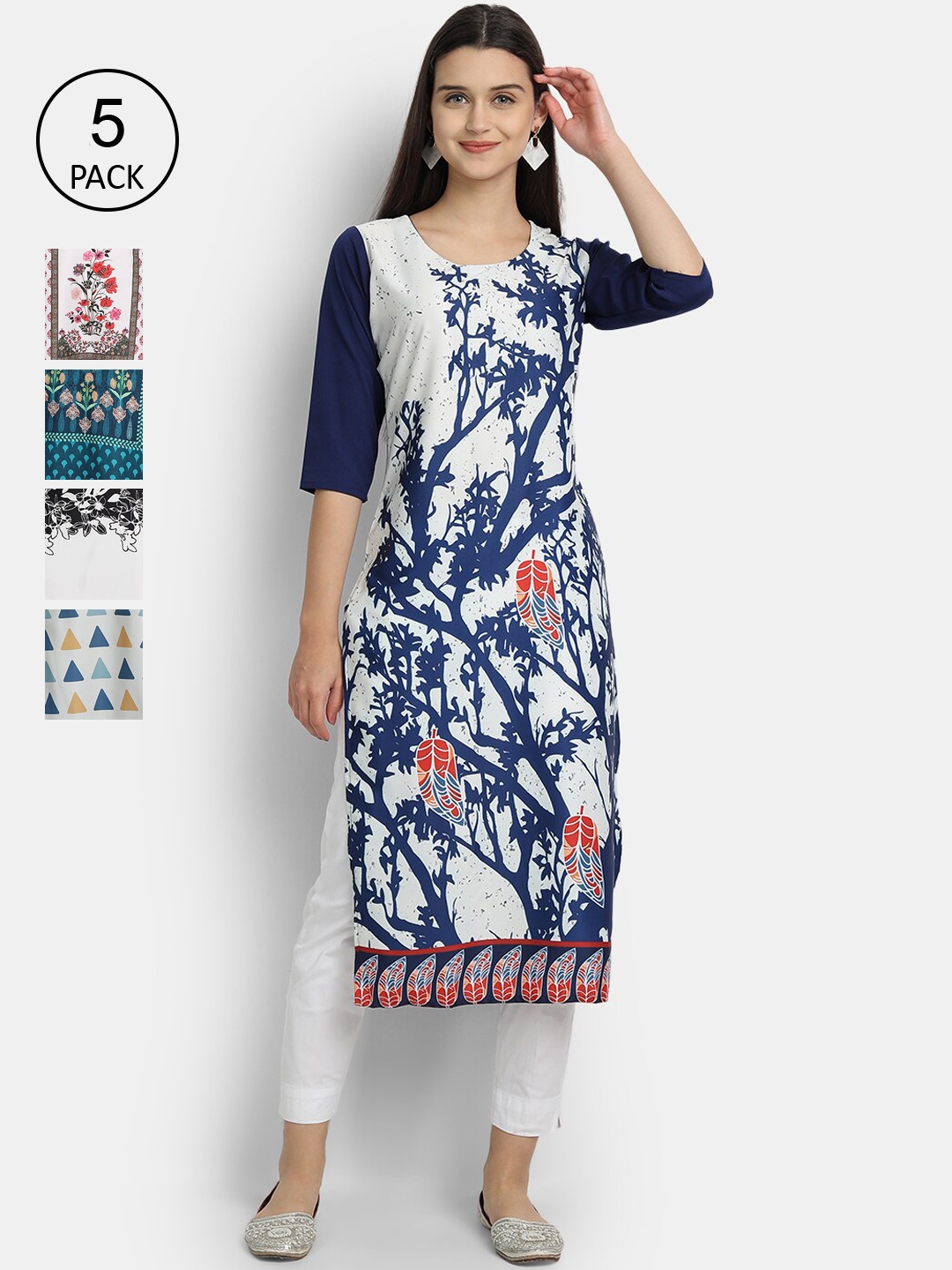 

Ethnic basket Women Pack Of 5 Ethnic Motifs Printed Crepe Kurta, Multi