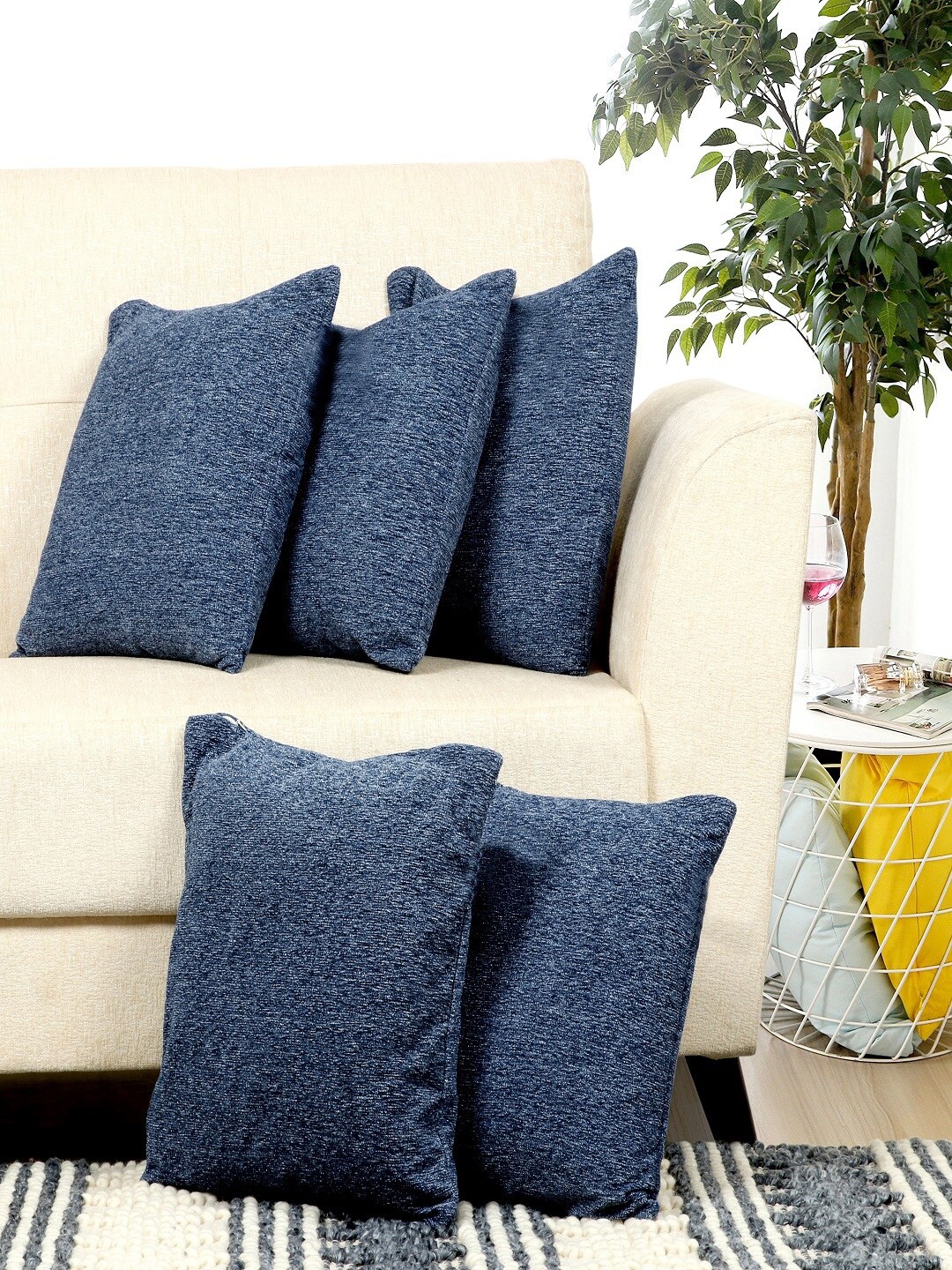 

BELLA TRUE Blue Set of 5 Self Design Square Cushion Covers