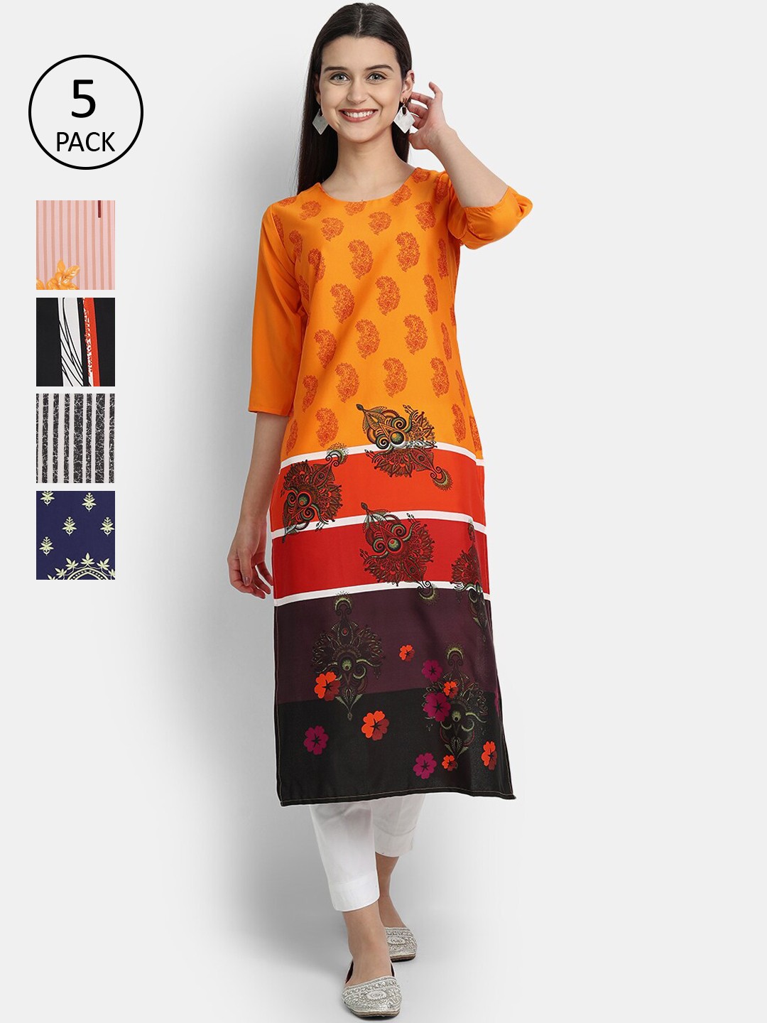 

Ethnic basket Women Pack of 5 Multicoloured Printed Crepe Kurtas, Multi