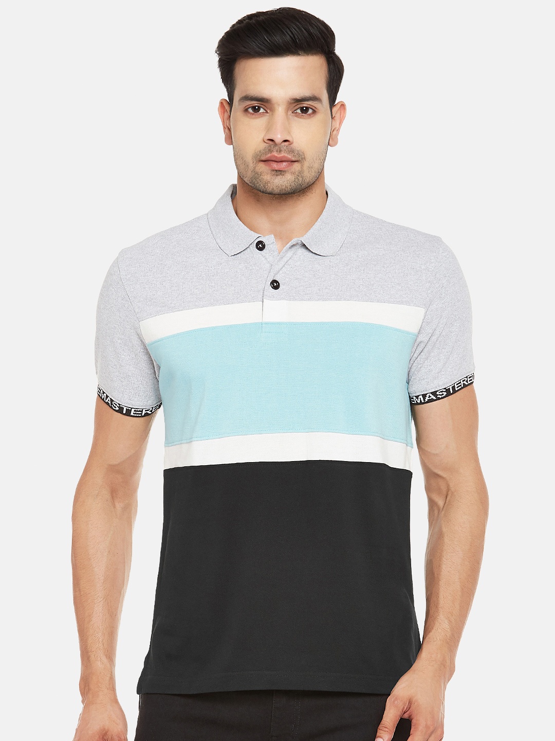 

People Men Black & Grey Melange Colourblocked Polo Collar T-shirt