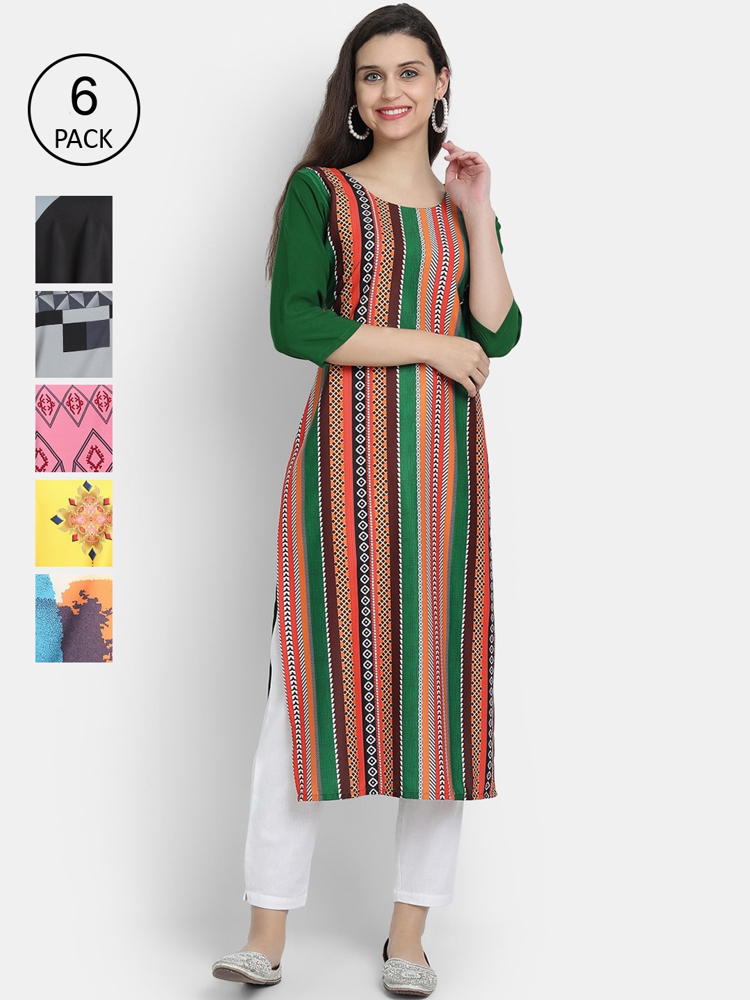 

Ethnic basket Women Set of 6 Multicoloured Ethnic Motifs Printed Crepe Kurta, Multi