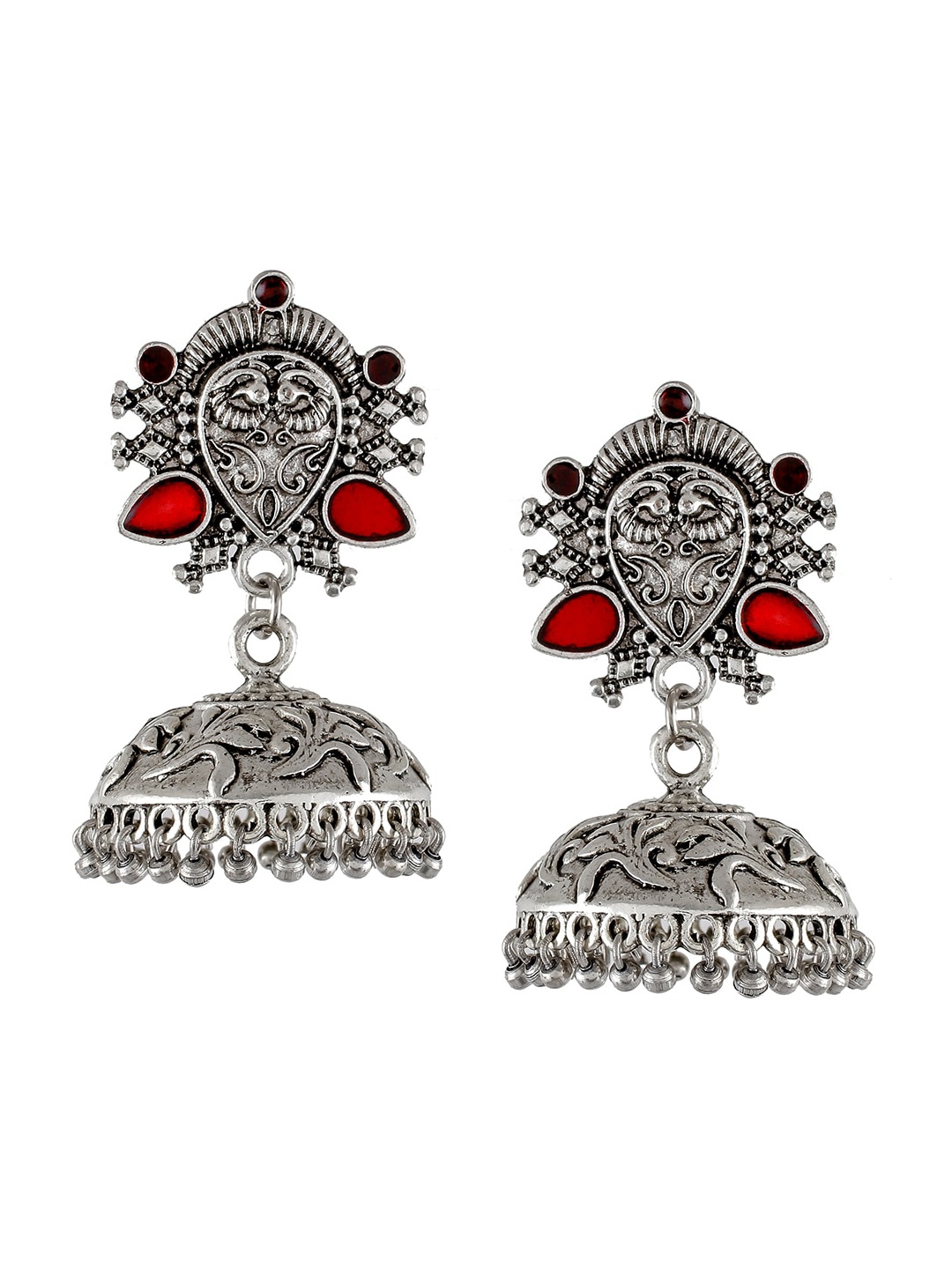 

Silvermerc Designs Oxidised Red Silver-Plated Dome Shaped Jhumkas
