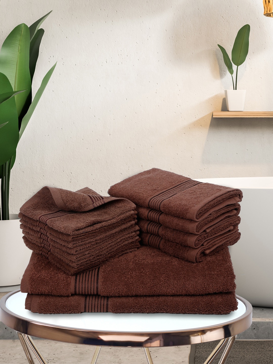 

KOPA Set Of 14 Brown Solid Pure Cotton 380 GSM Super-Soft Towel Set