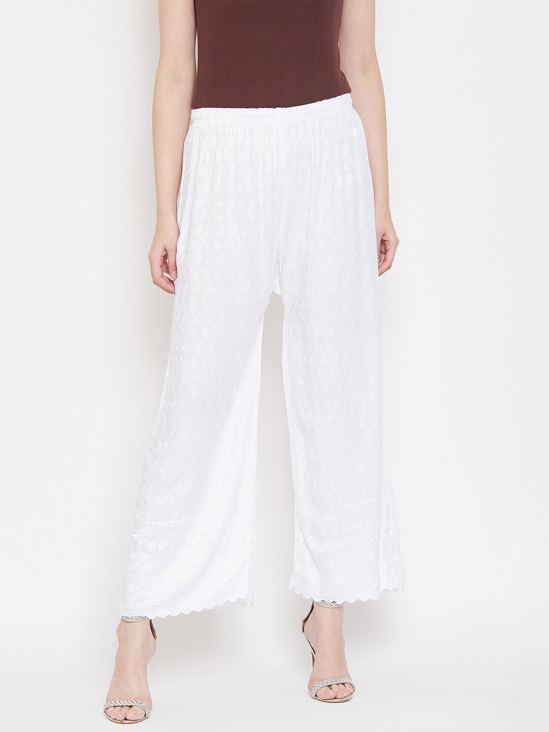 Castle Women White Embroidered Wide Leg Palazzos
