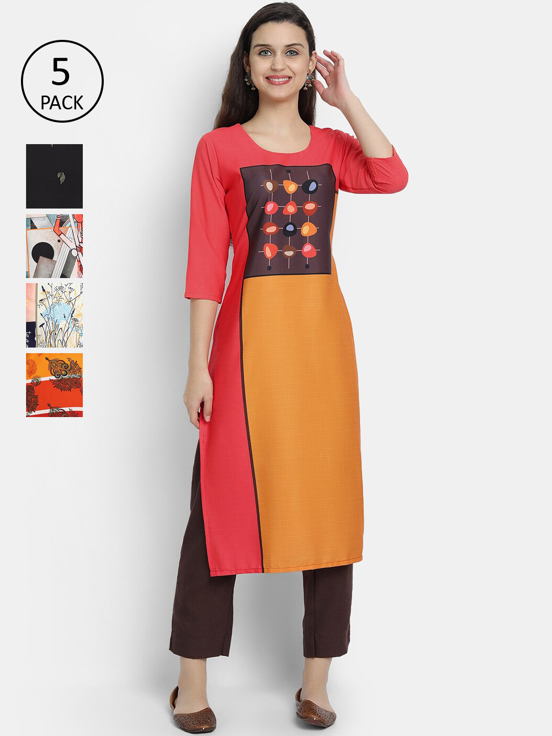 

Ethnic basket Women Set of 5 Multicoloured Ethnic Motifs Printed Crepe Kurta, Multi