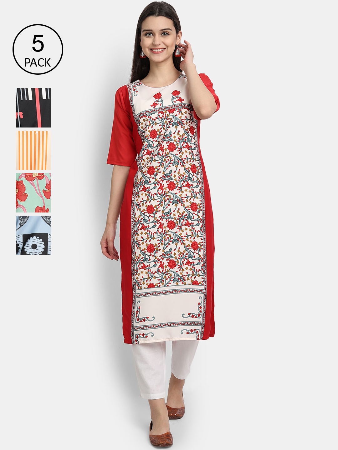 

Ethnic basket Women Pack of 5 Floral Printed Crepe Kurta, Multi