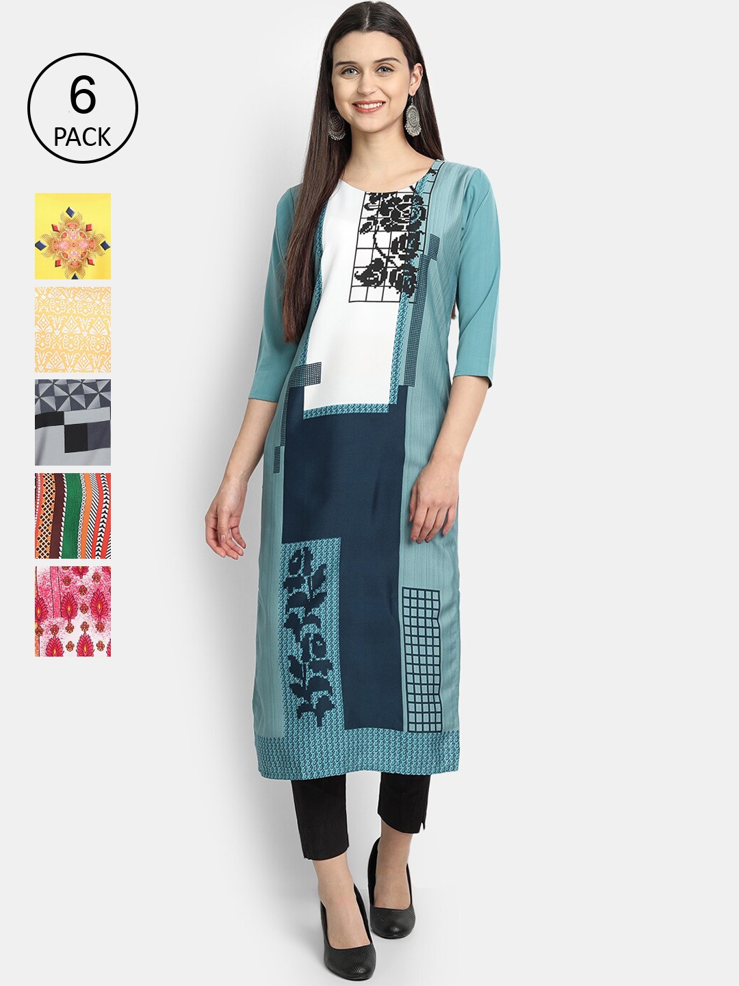 

Ethnic basket Women Pack Of 6 Printed Crepe Kurta, Blue