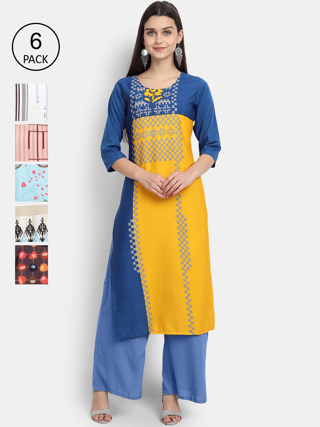 

Ethnic basket Women Pack of 6 Printed Crepe Kurta, Blue