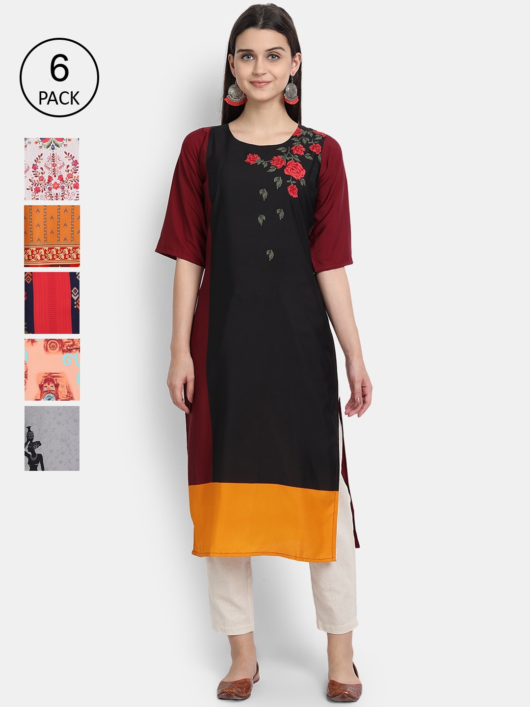 

Ethnic basket Women Pack Of 6 Printed Crepe Kurtas, Multi