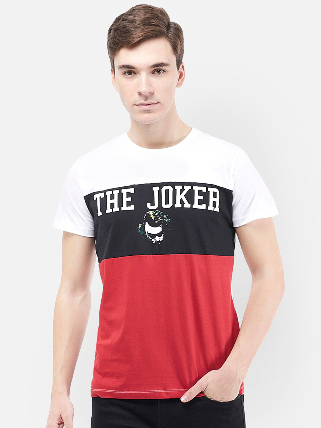 

Free Authority Men Red & White Colourblocked T-shirt with Joker Print