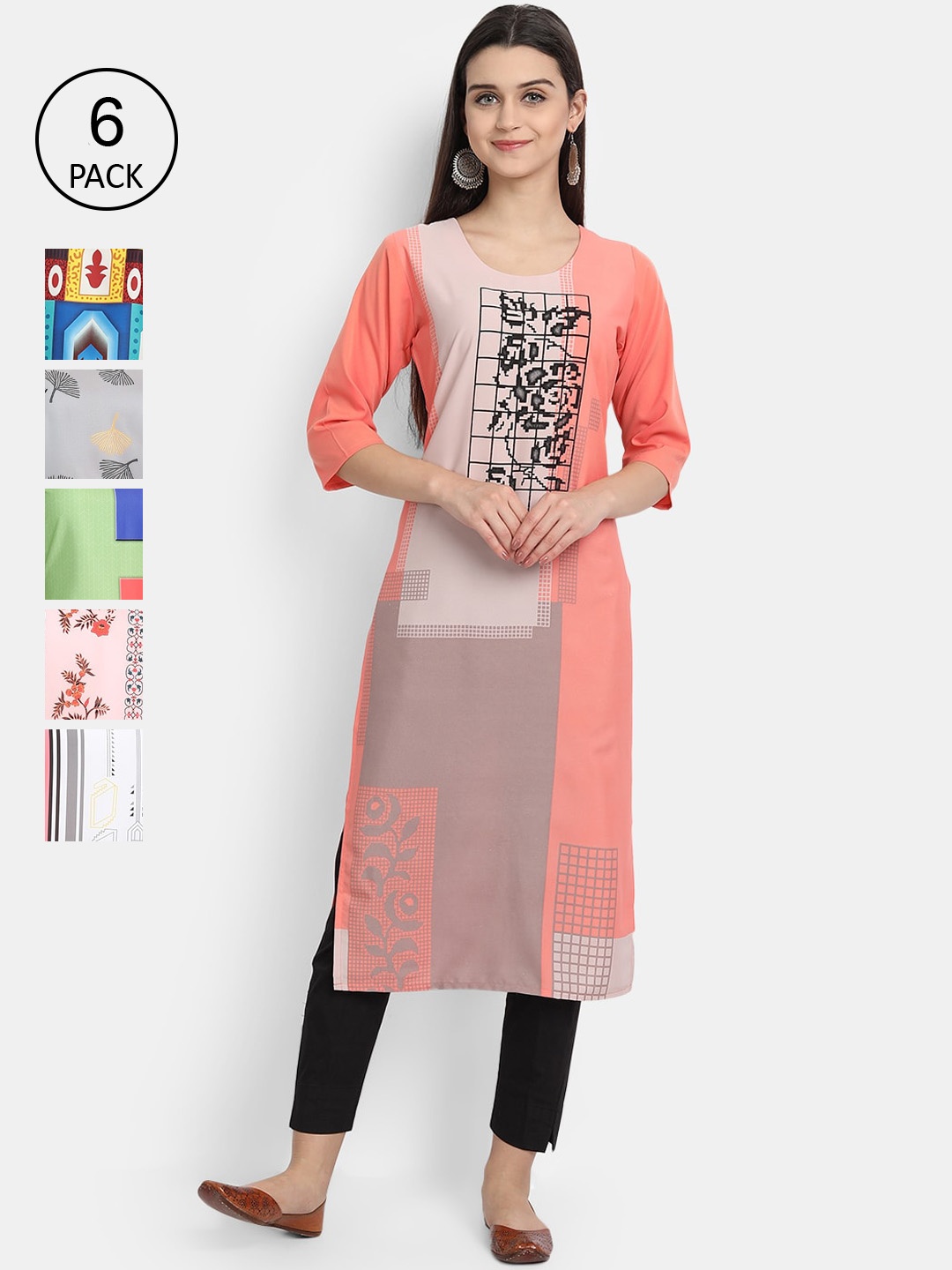 

Ethnic basket Women Pack of 6 Ethnic Motifs Printed Crepe Kurta, Peach