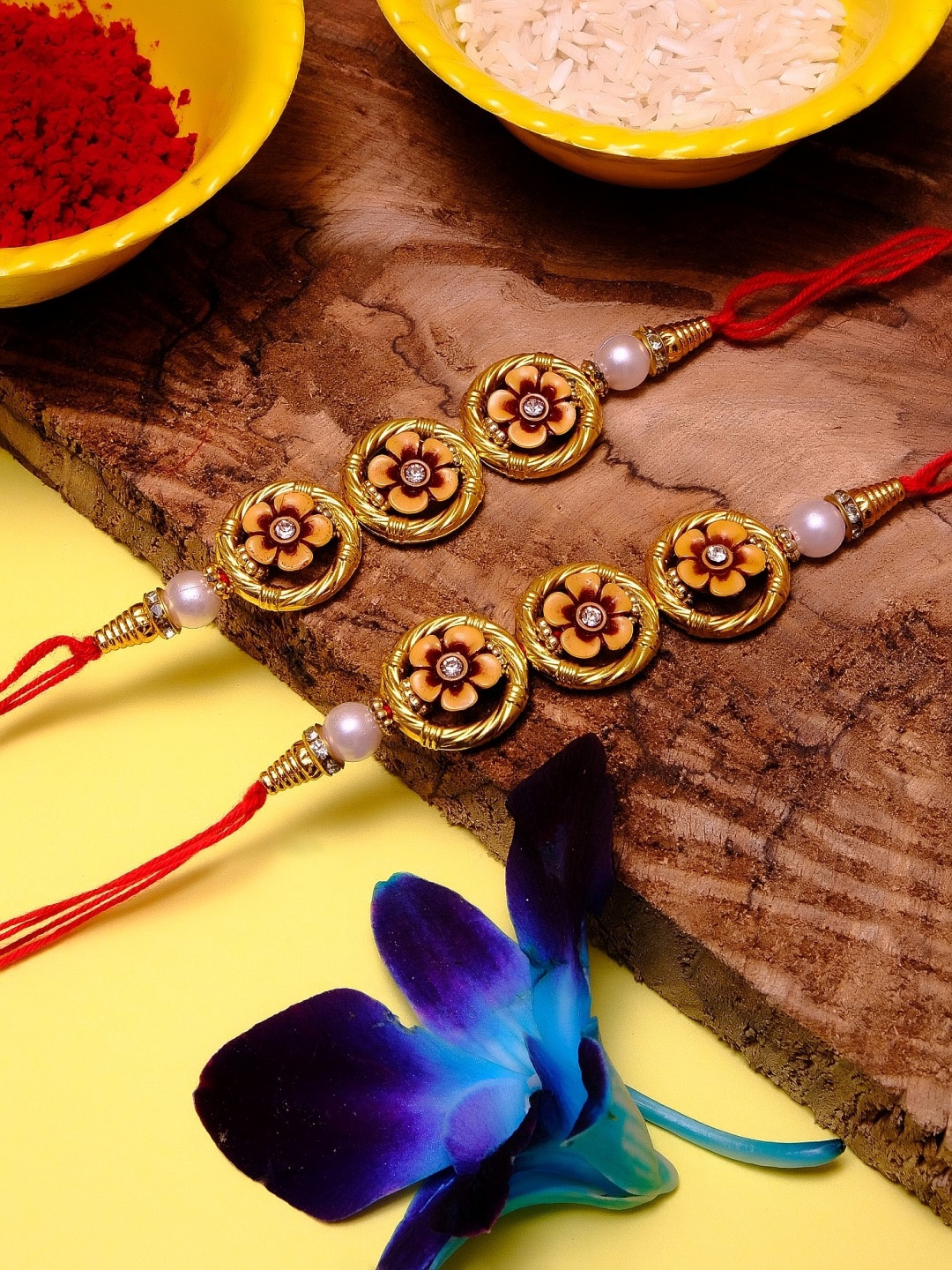 

Crunchy Fashion Men Set of 2 Red & Gold-Toned Stone-Studded & Beaded Rakhi