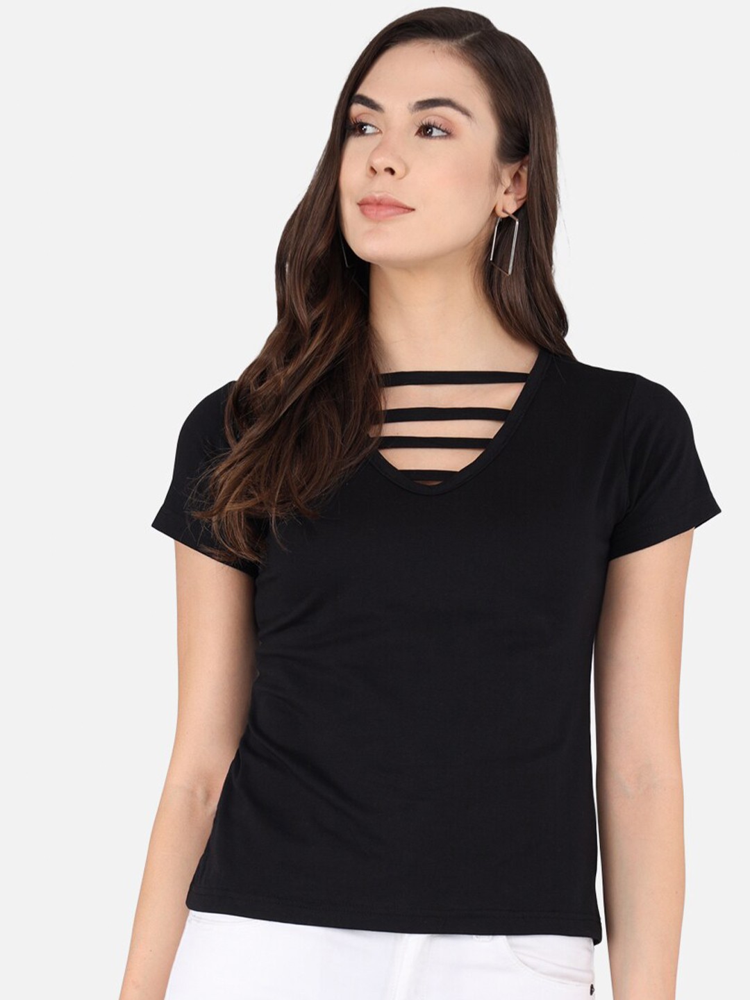 

The Dry State Women Black Solid V-Neck T-shirt