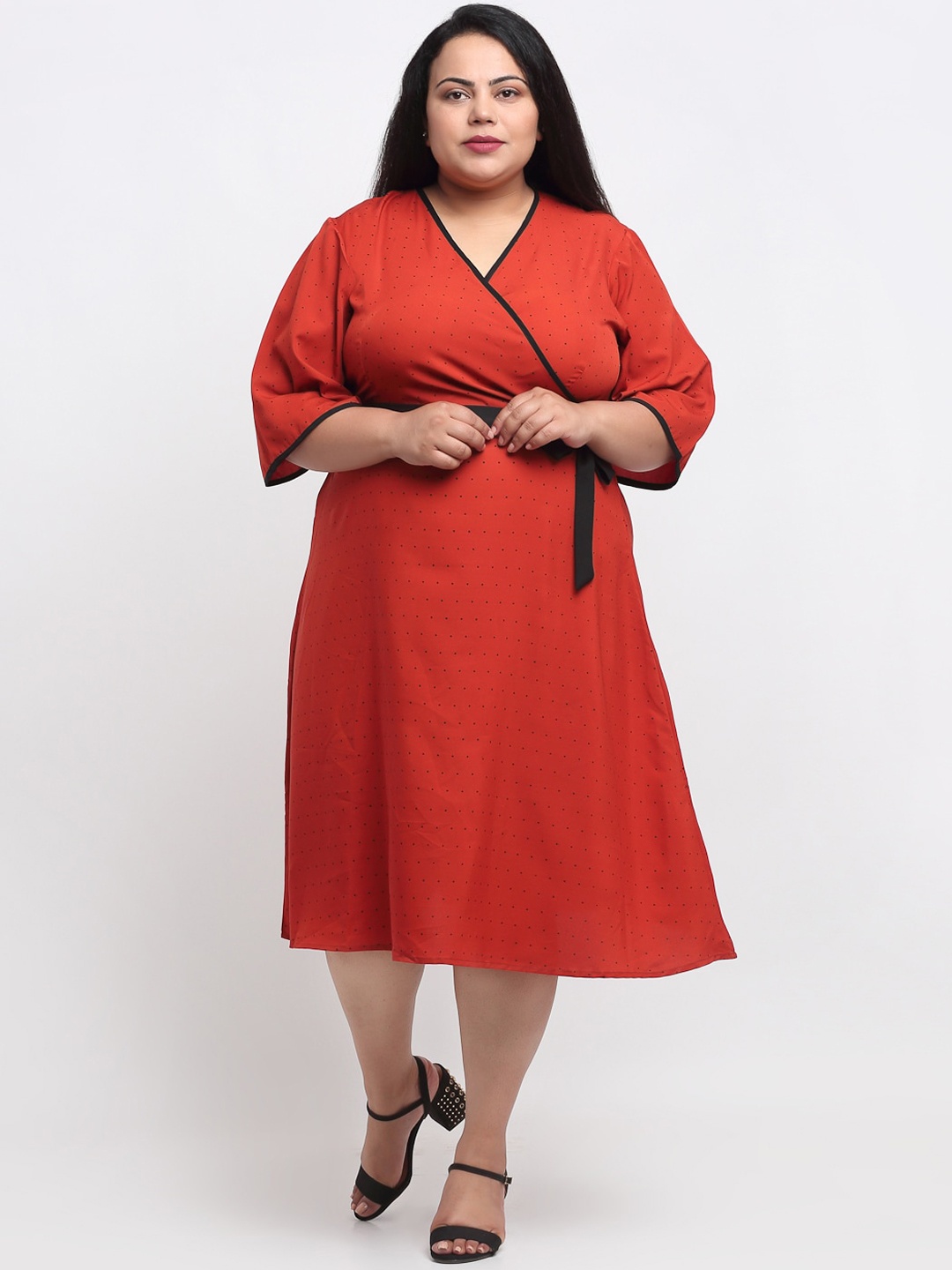 

sindrellastorie Women Plus Size RustRed & Black Dot Print Wrap Midi Dress, Rust
