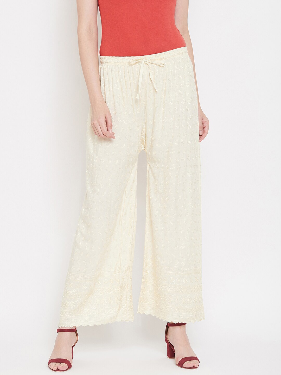 

Castle Women Cream-Coloured Self Design Straight Palazzos