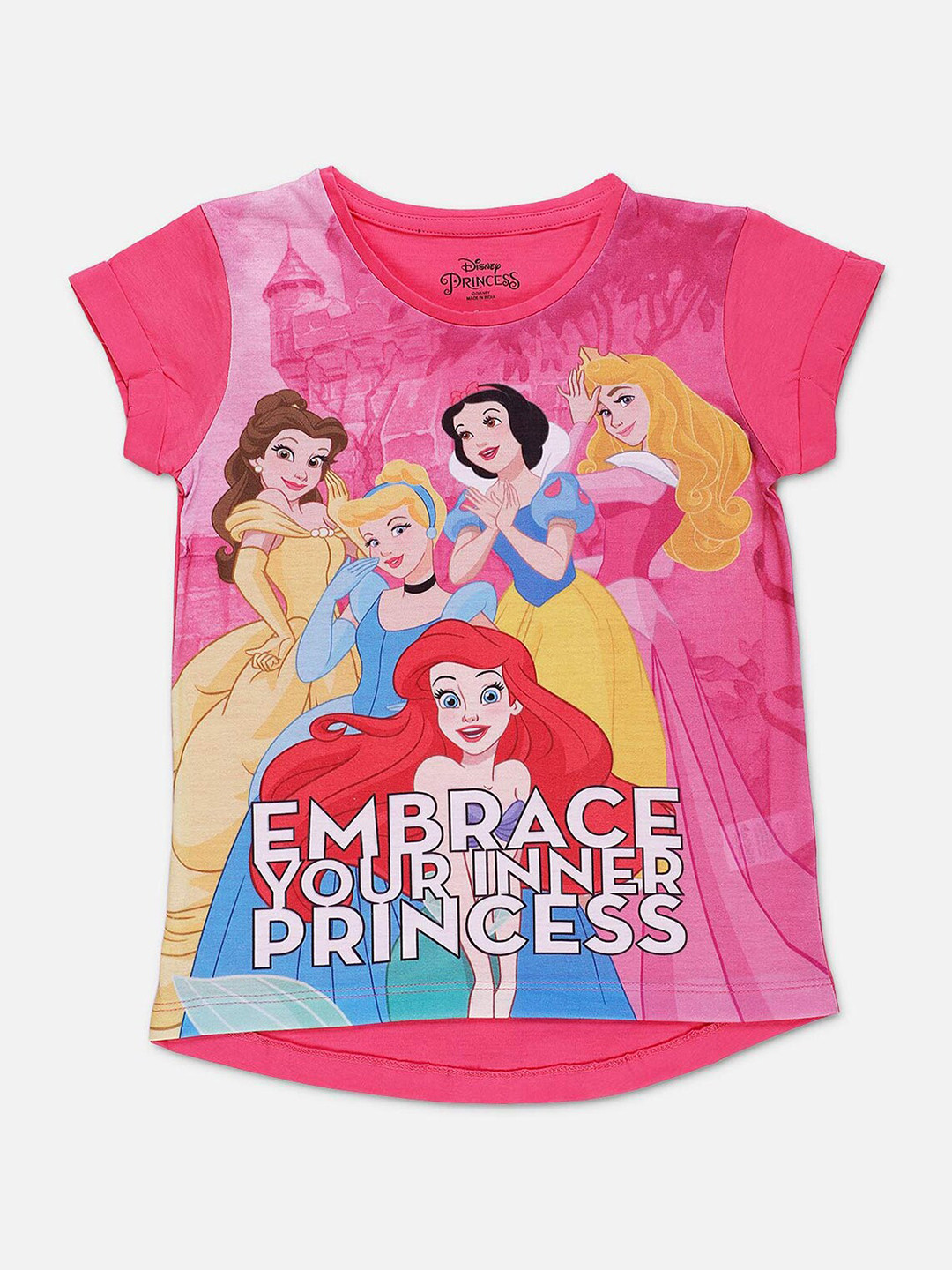 

Kids Ville Girls Pink & Yellow Disney Princess Print Round Neck Cotton T-shirt