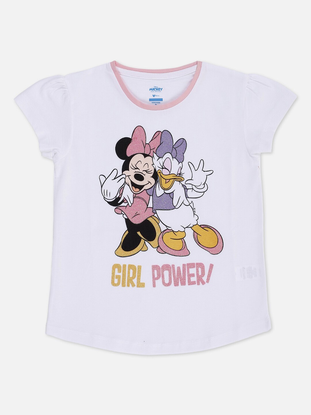 

Kids Ville Mickey & Friends Girls White Printed Round Neck Cotton T-shirt