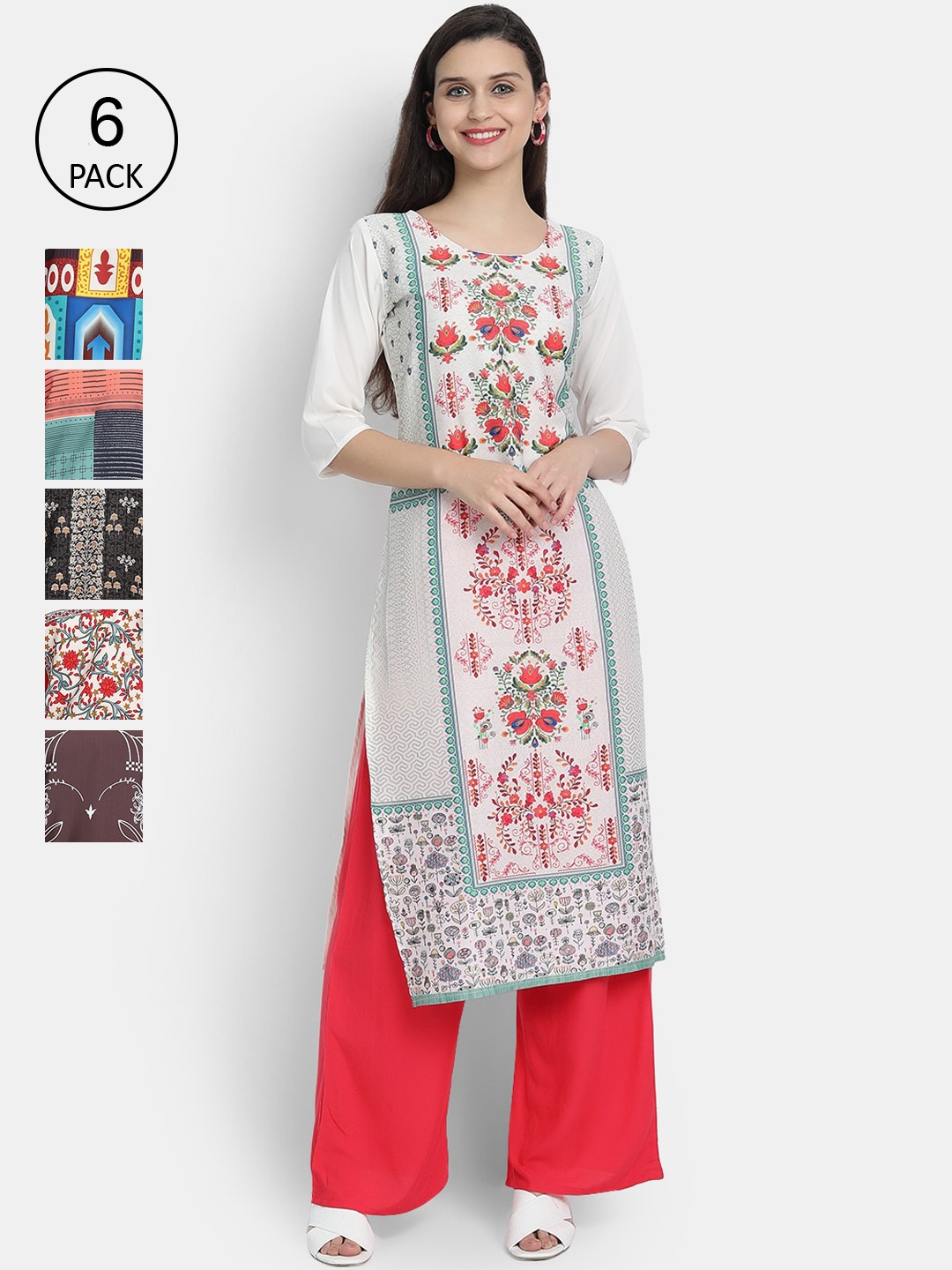 

Ethnic basket Women Pack Of 6 Printed Crepe Kurta, White