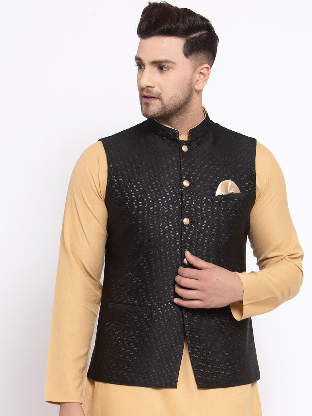 

MAXENCE Men Black Woven-Design Slim-Fit Nehru Jacket