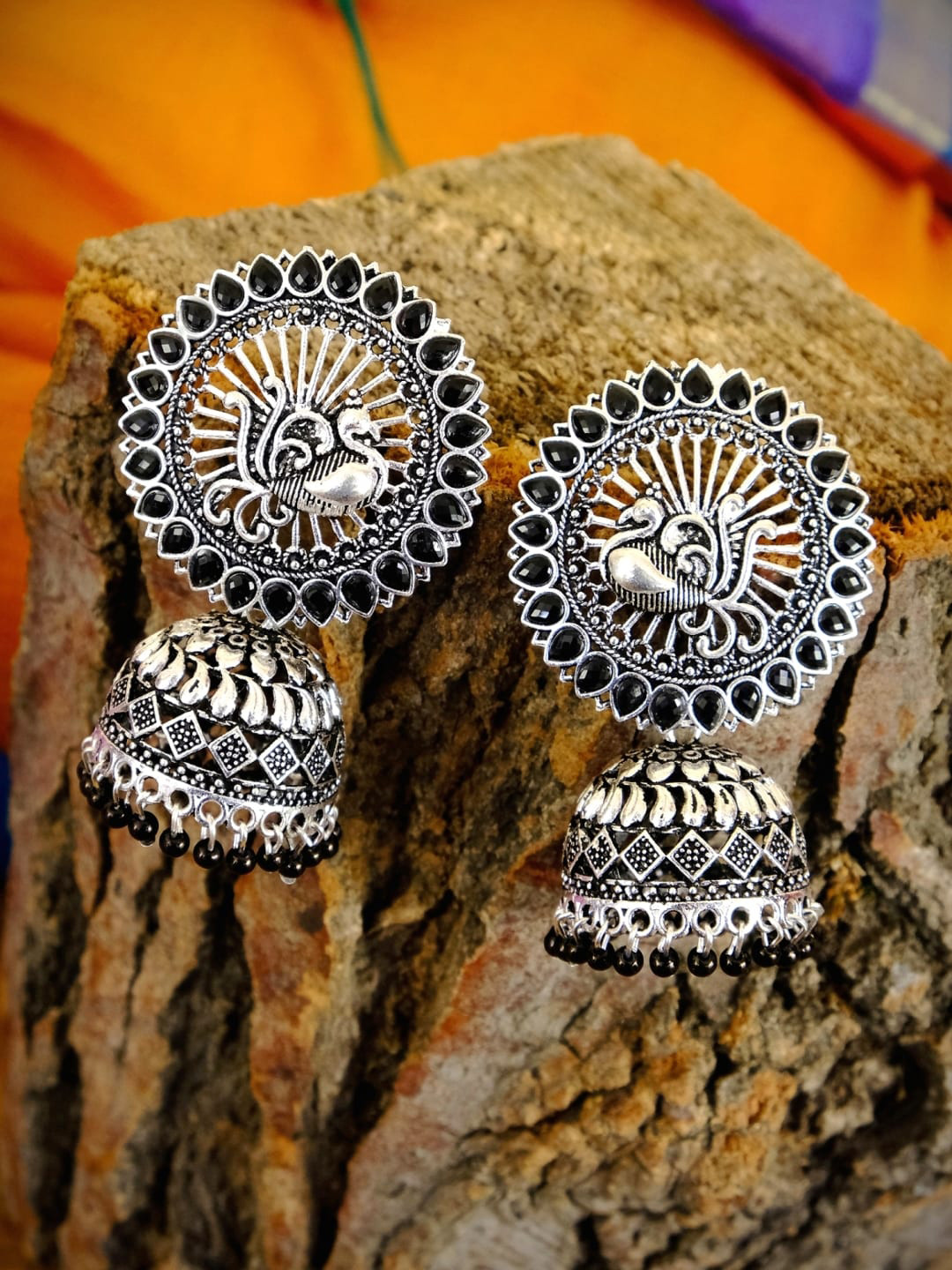 

Crunchy Fashion Black Oxidised Silver-Plated Stone Studded & Beaded Dome Shaped Jhumkas