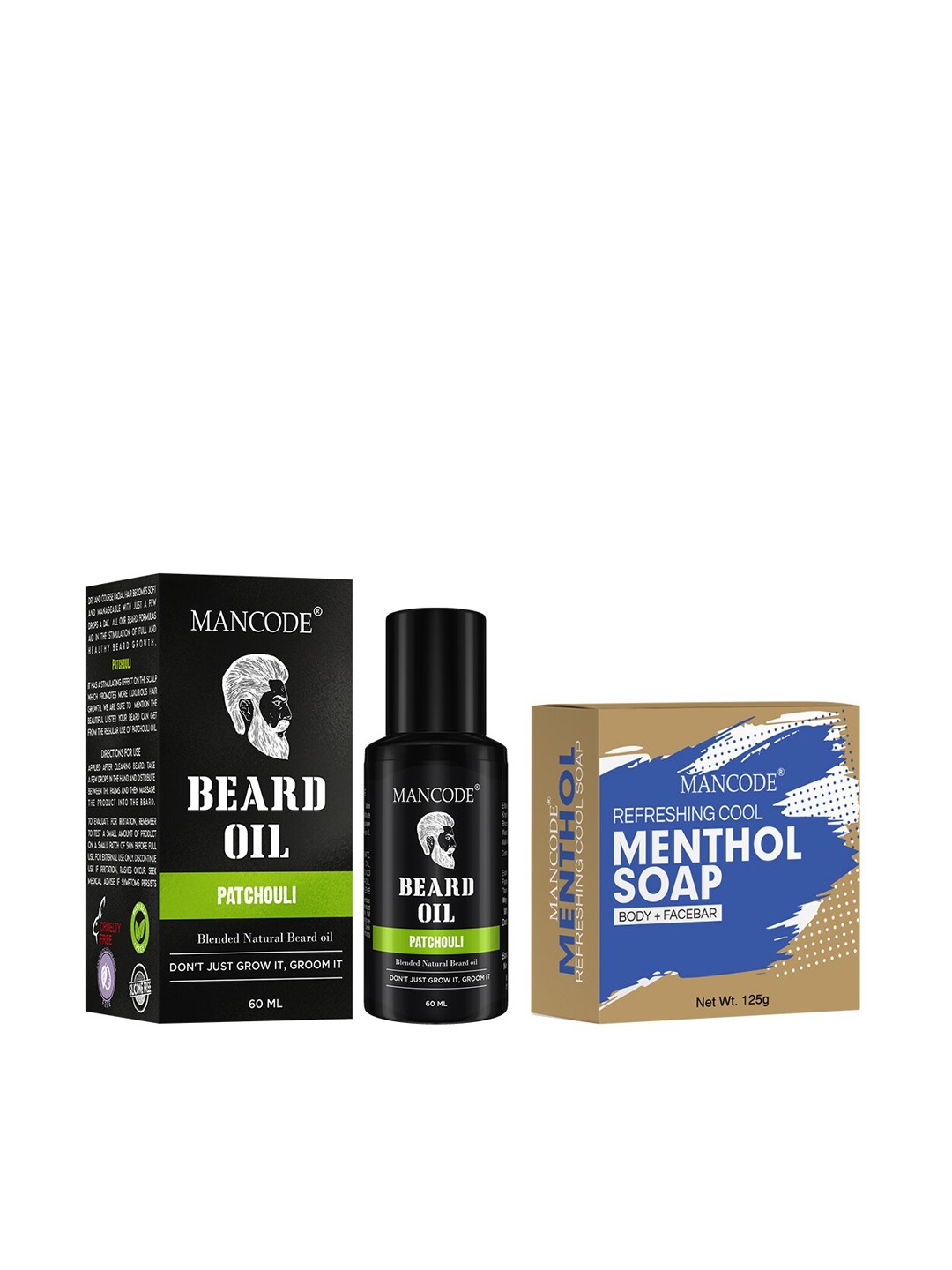 

MANCODE Pack of 2 Patchouli Beard Oil & Refreshing Cool Menthol Soap, Black