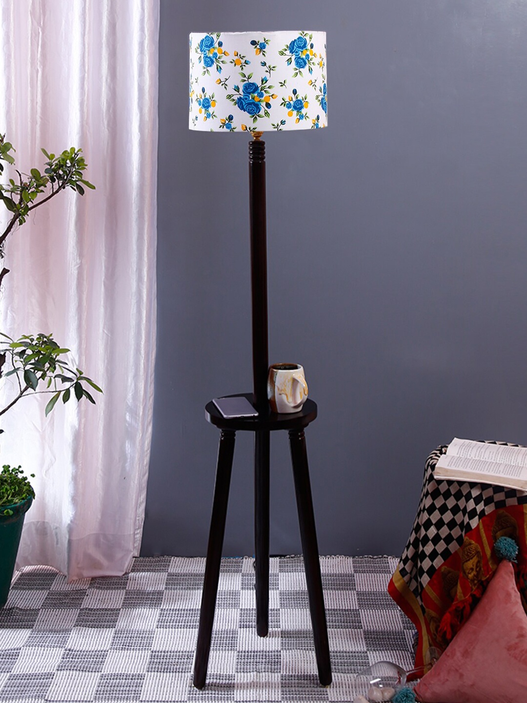 Devansh White & Blue Printed Traditional Wooden Tripod Lamp