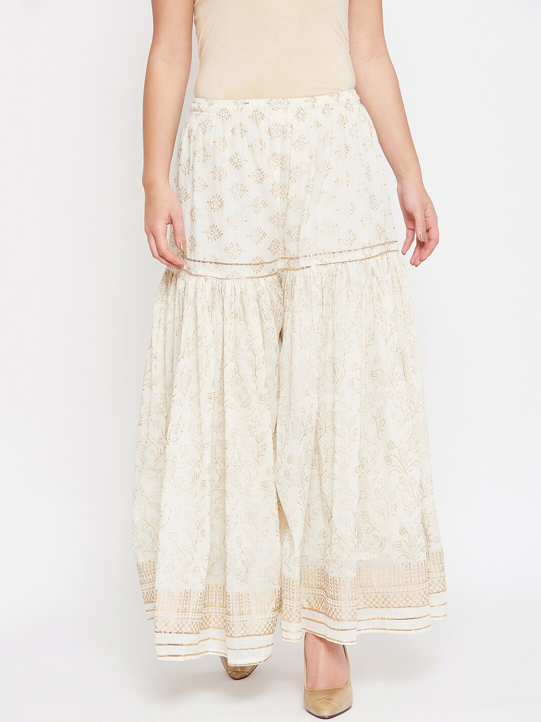

TULIP 21 Women Off White Printed Cotton Sharara with Golden Floral Print