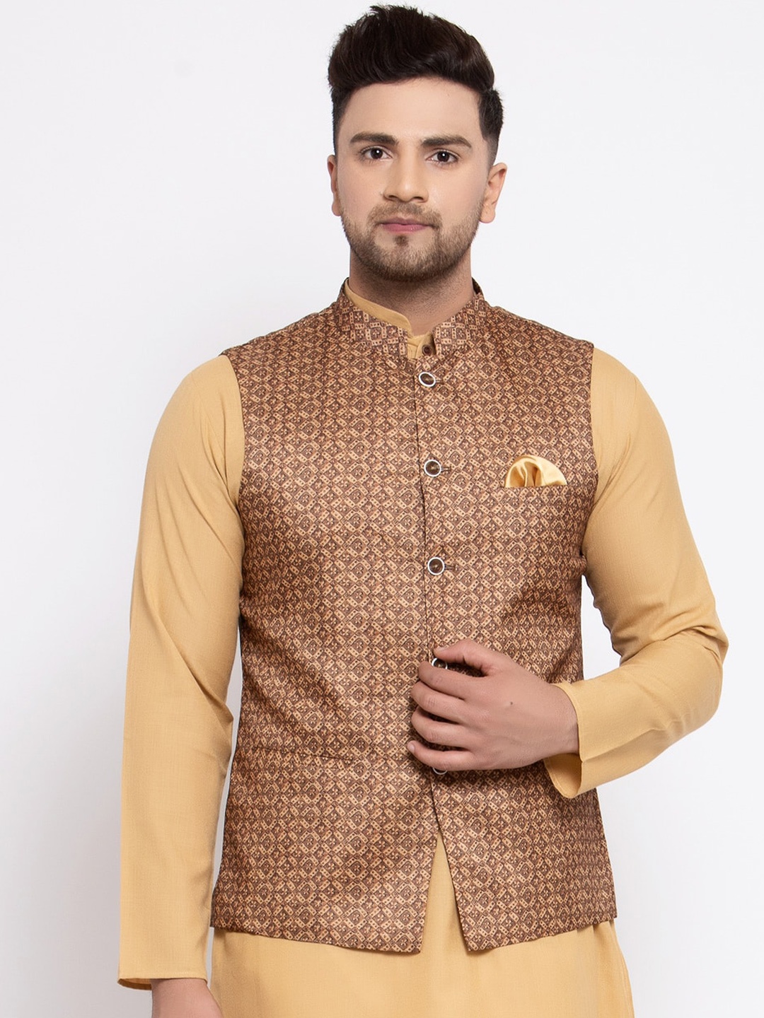 

MAXENCE Men Brown & Beige Woven Design Nehru Jacket