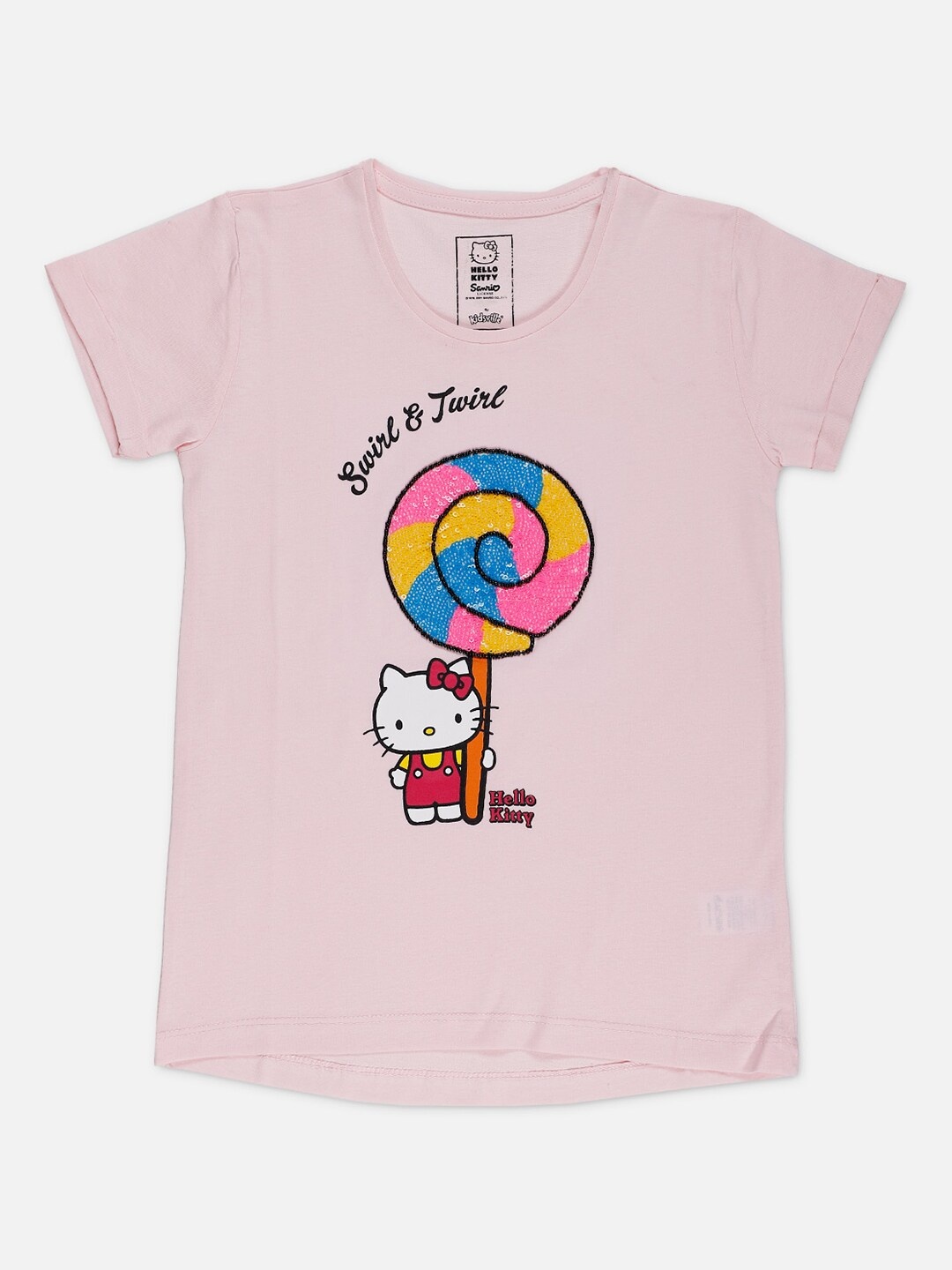 

Kids Ville Girls Pink & Yellow Hello Kitty Print & Sequined Round Neck Cotton T-shirt