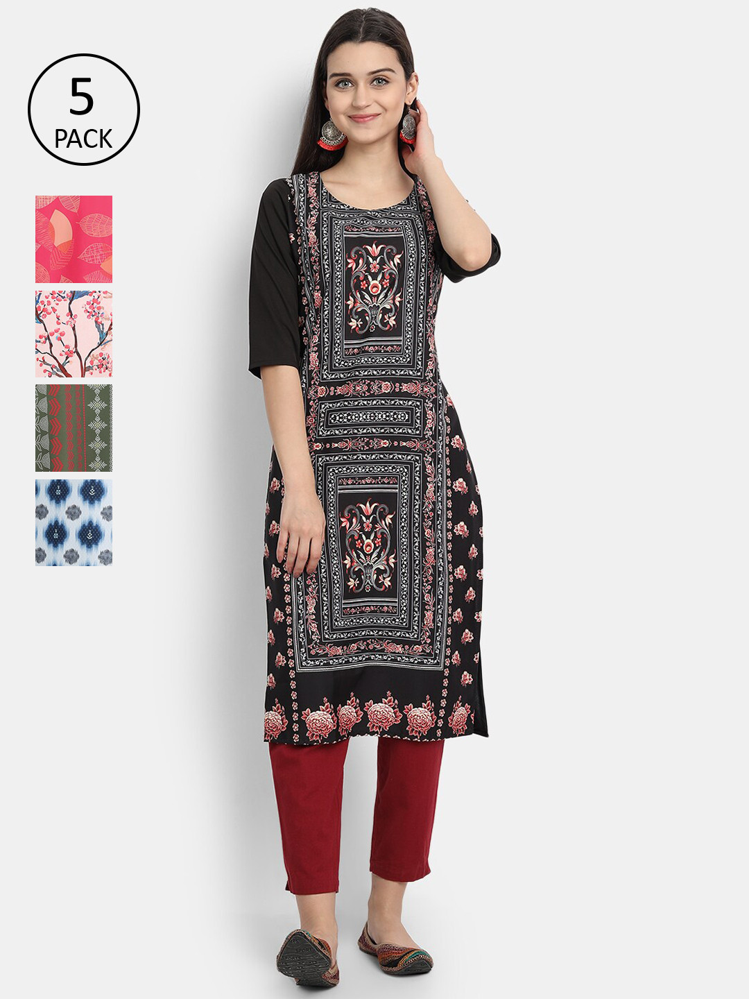 

Ethnic basket Women Pack of 5 Ethnic Motifs Printed Crepe Kurta, Blue