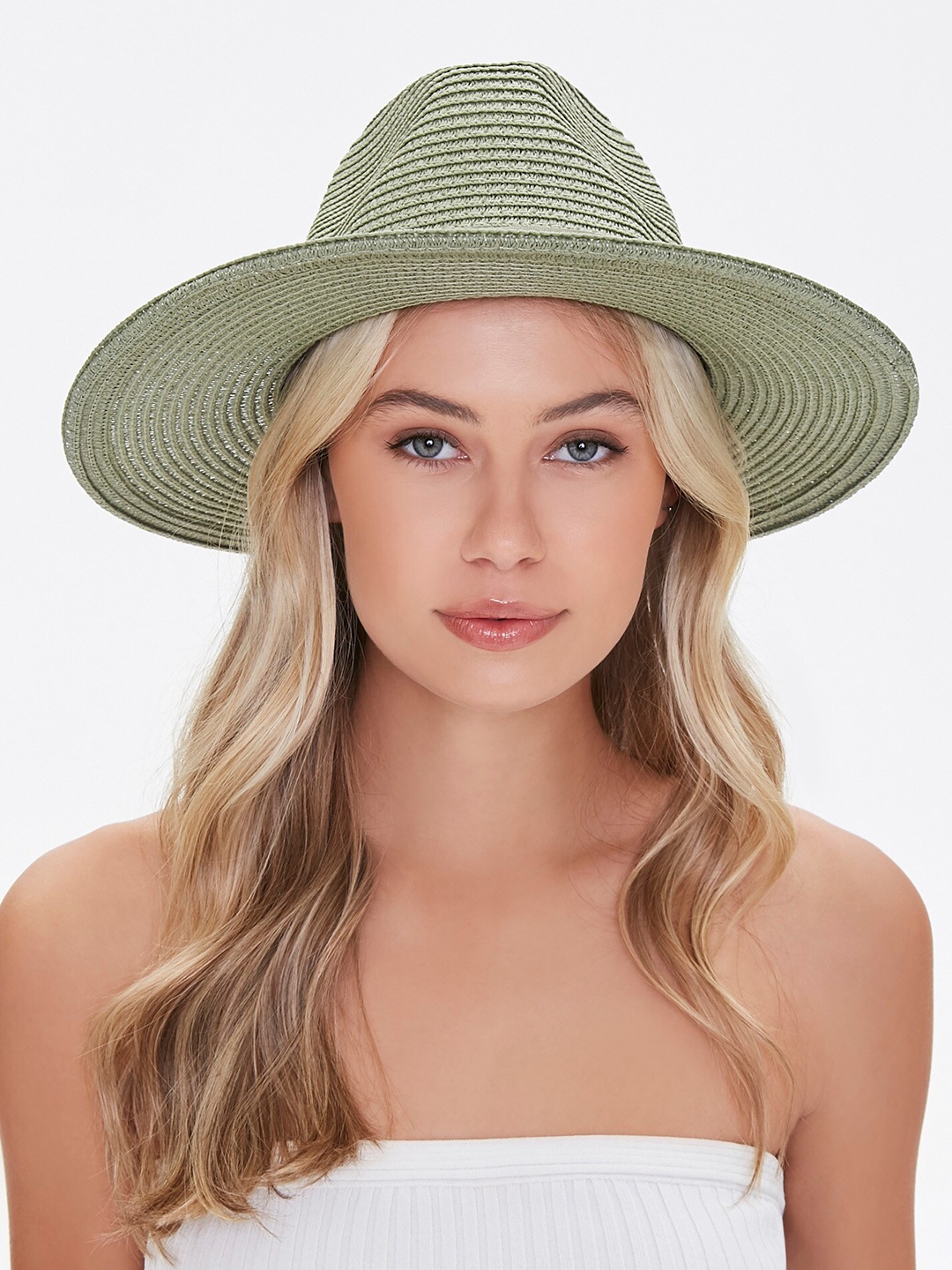 

FOREVER 21 Women Olive-Green Straw Ribbon-Trim Fedora