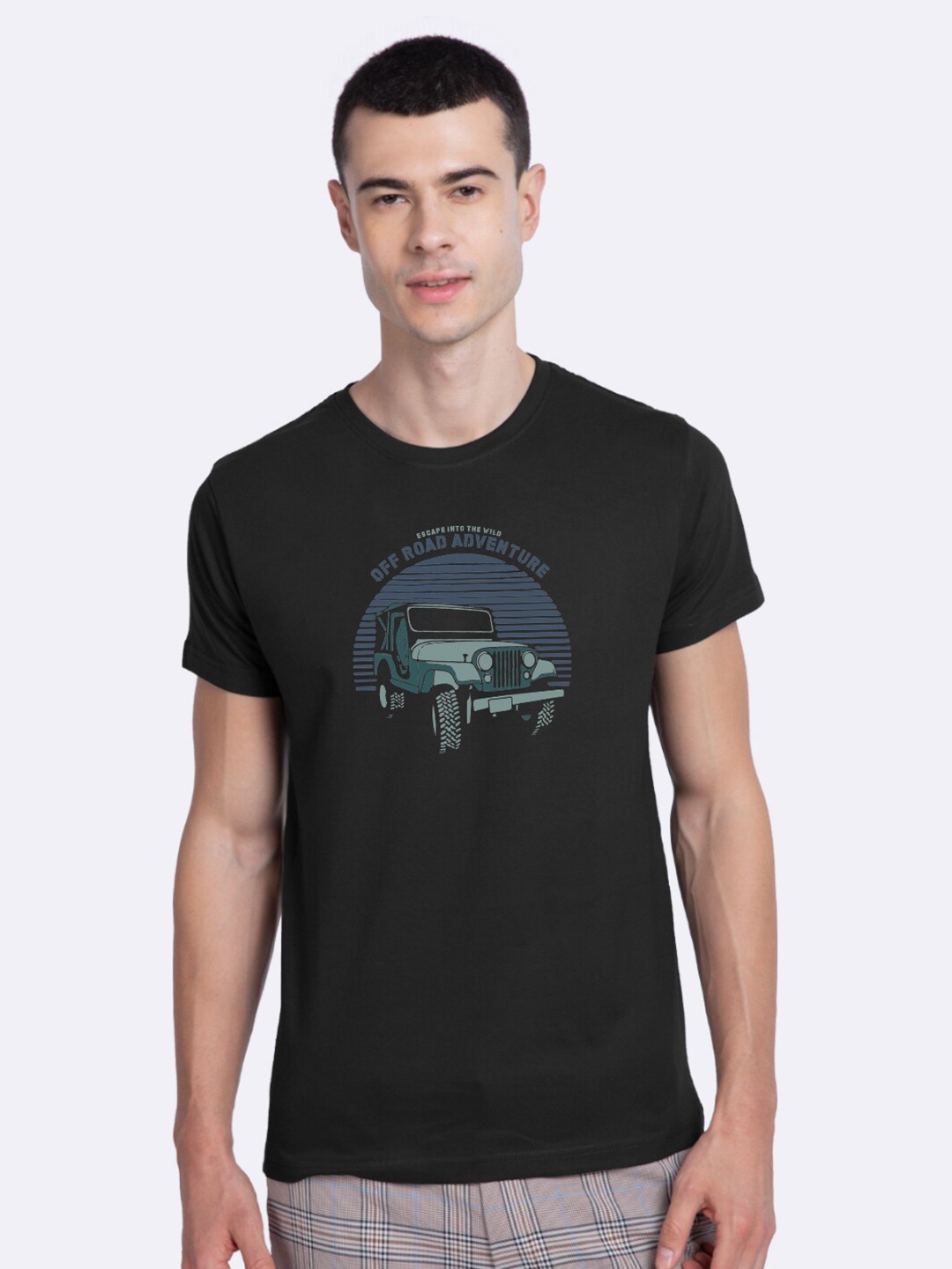 

Bewakoof Men Black Off Road Jeep Printed Pure Cotton T-shirt