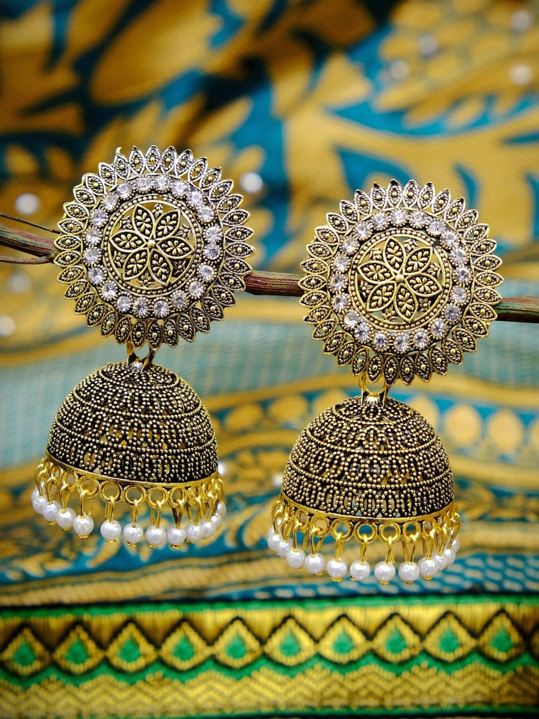 

Crunchy Fashion Antique Gold-Plated Stone Studded & Beaded Dome Shaped Jhumkas