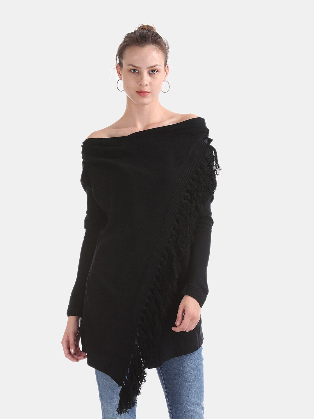 

Cherokee Women Black Tasselled Button Shrug