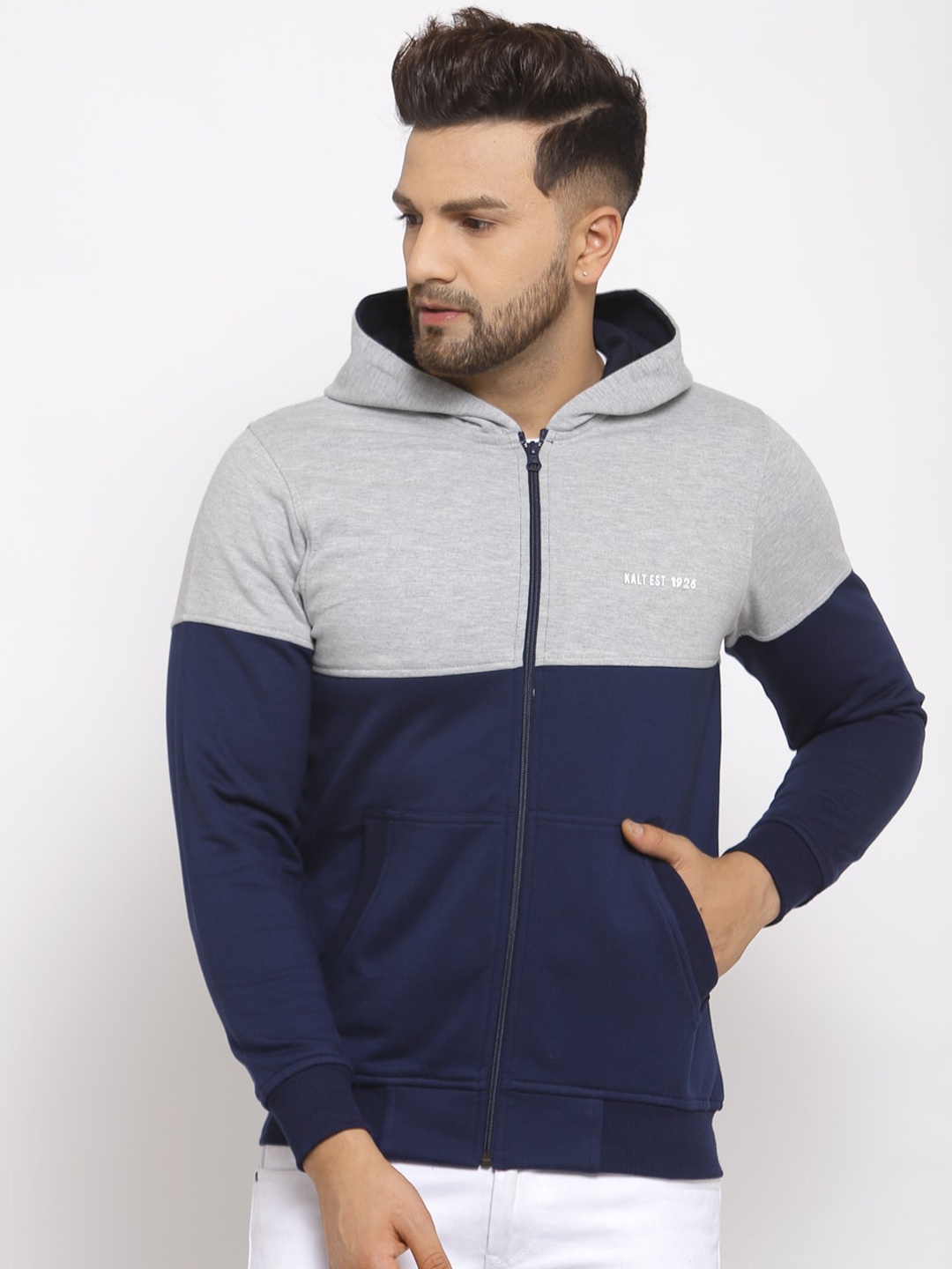 

Kalt Men Navy Blue & Grey Colourblocked Fleece Bomber Jacket