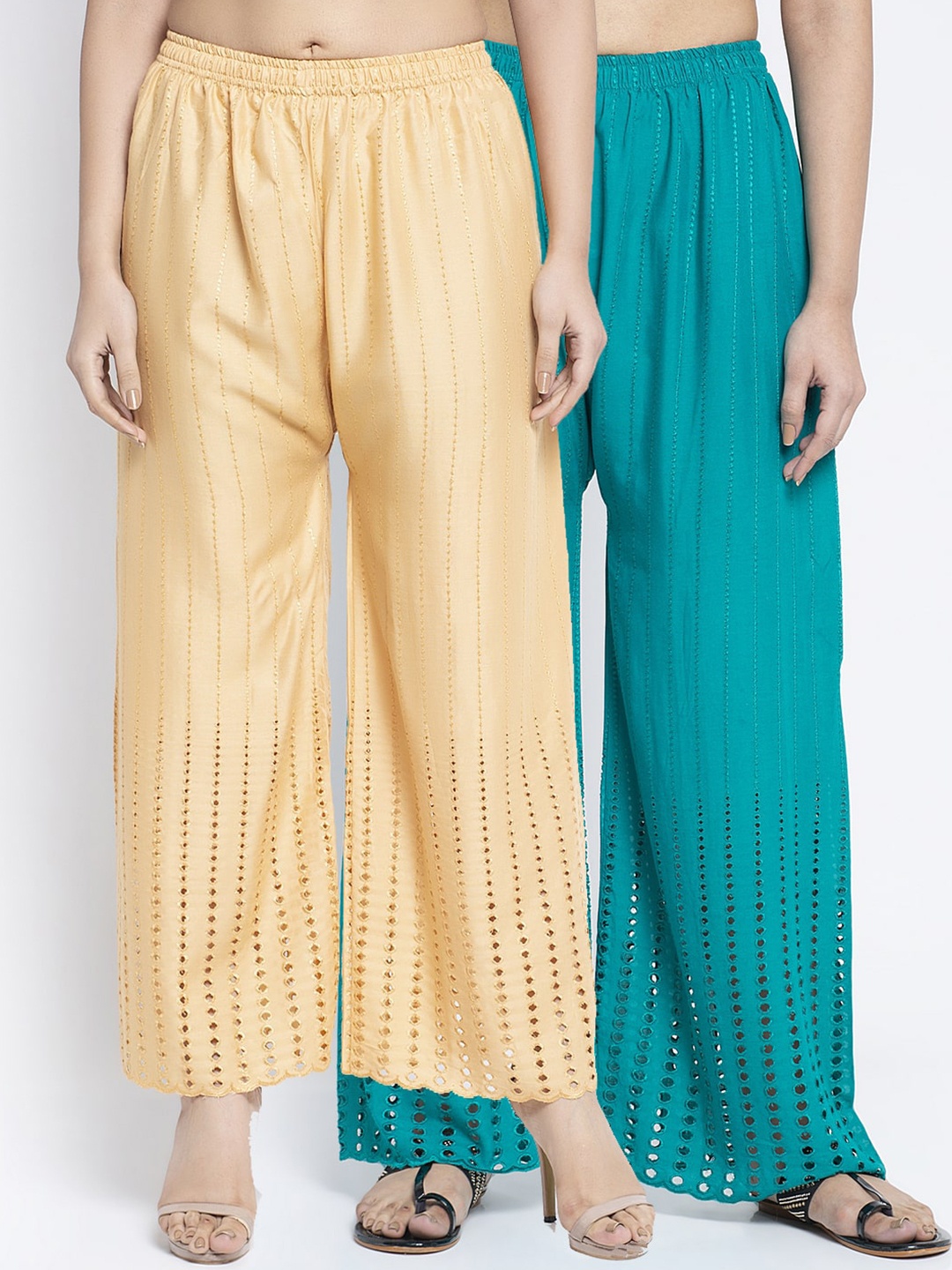 

GRACIT Women Pack Of 2 Beige & Teal Blue Embroidered Straight Palazzos
