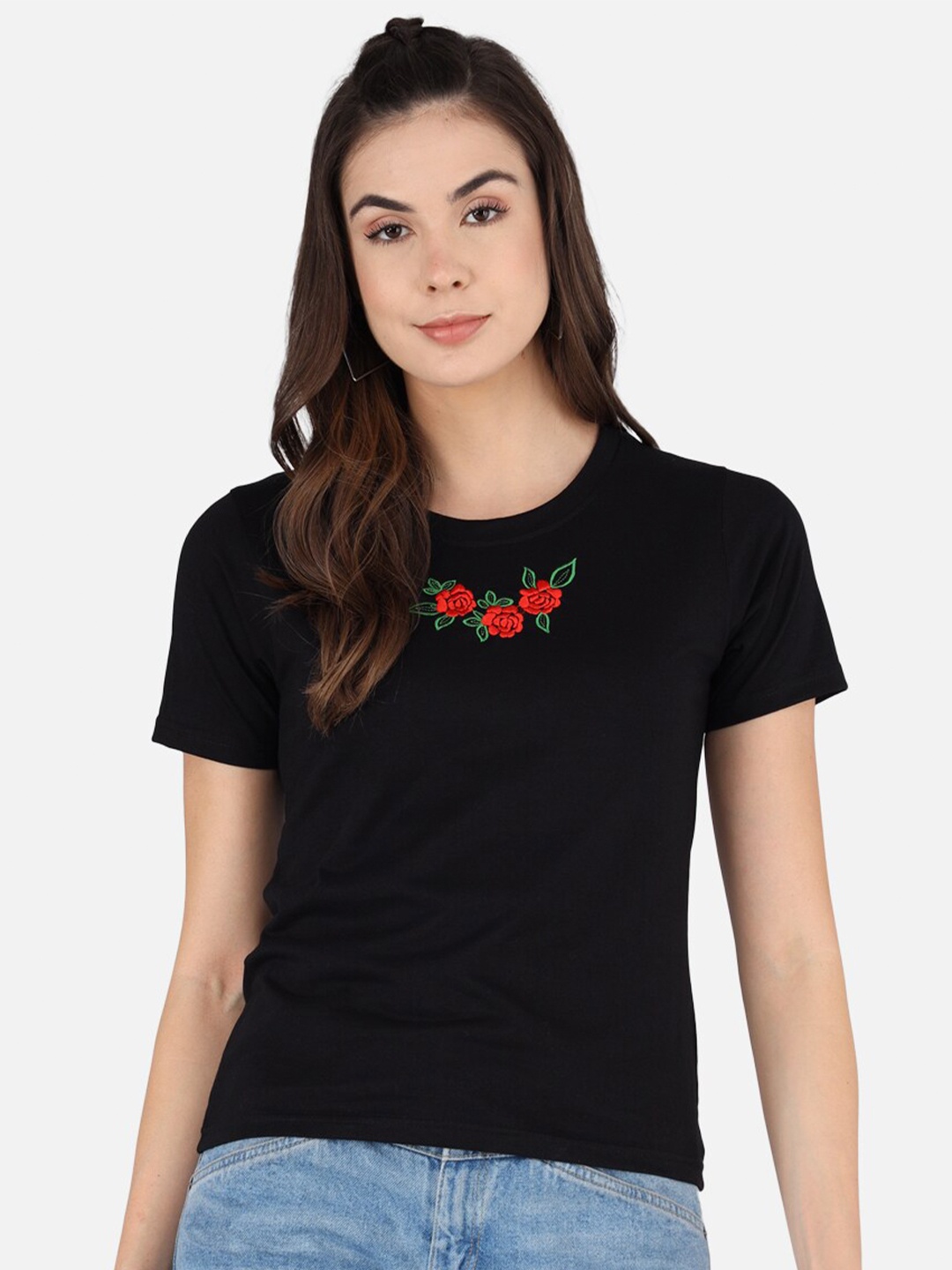 

The Dry State Women Black Solid Round Neck T-shirt