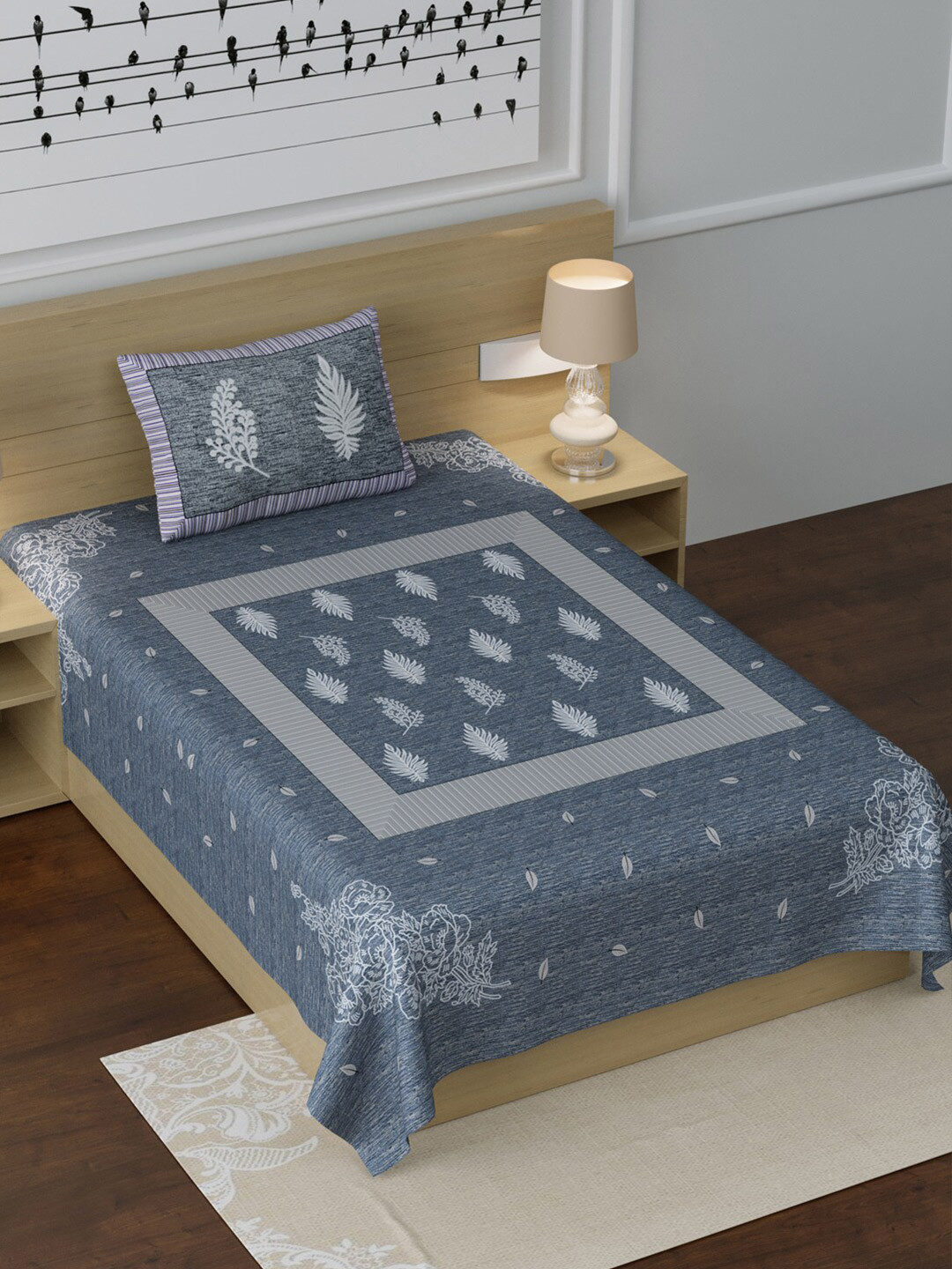 

LIVING ROOTS Grey & White Ethnic Motifs 210 TC Cotton 1 Single Bedsheet with 1 Pillow Covers