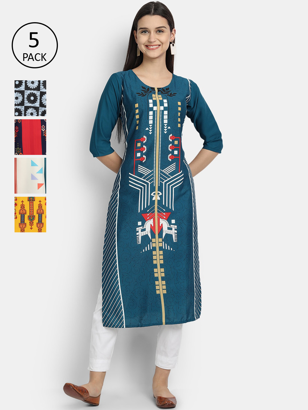 

Ethnic basket Women Pack Of 5 Ethnic Motifs Printed Crepe Kurta, Multi