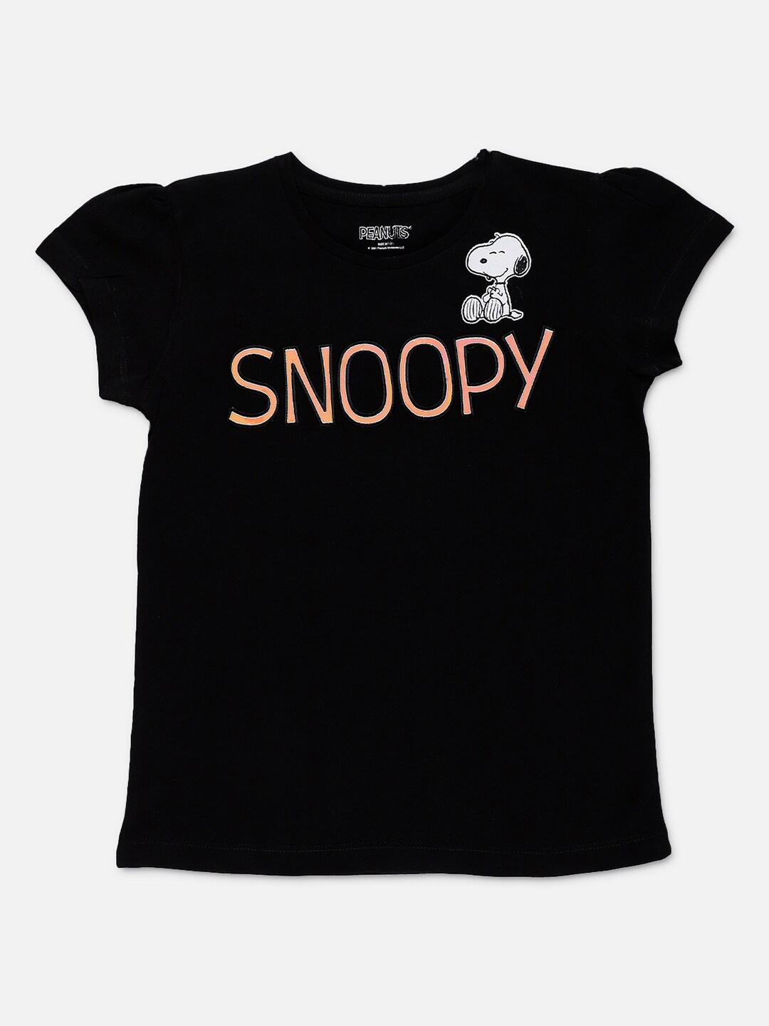 Kids Ville Peanuts Featured Girls Black Round Neck Cotton T-shirt