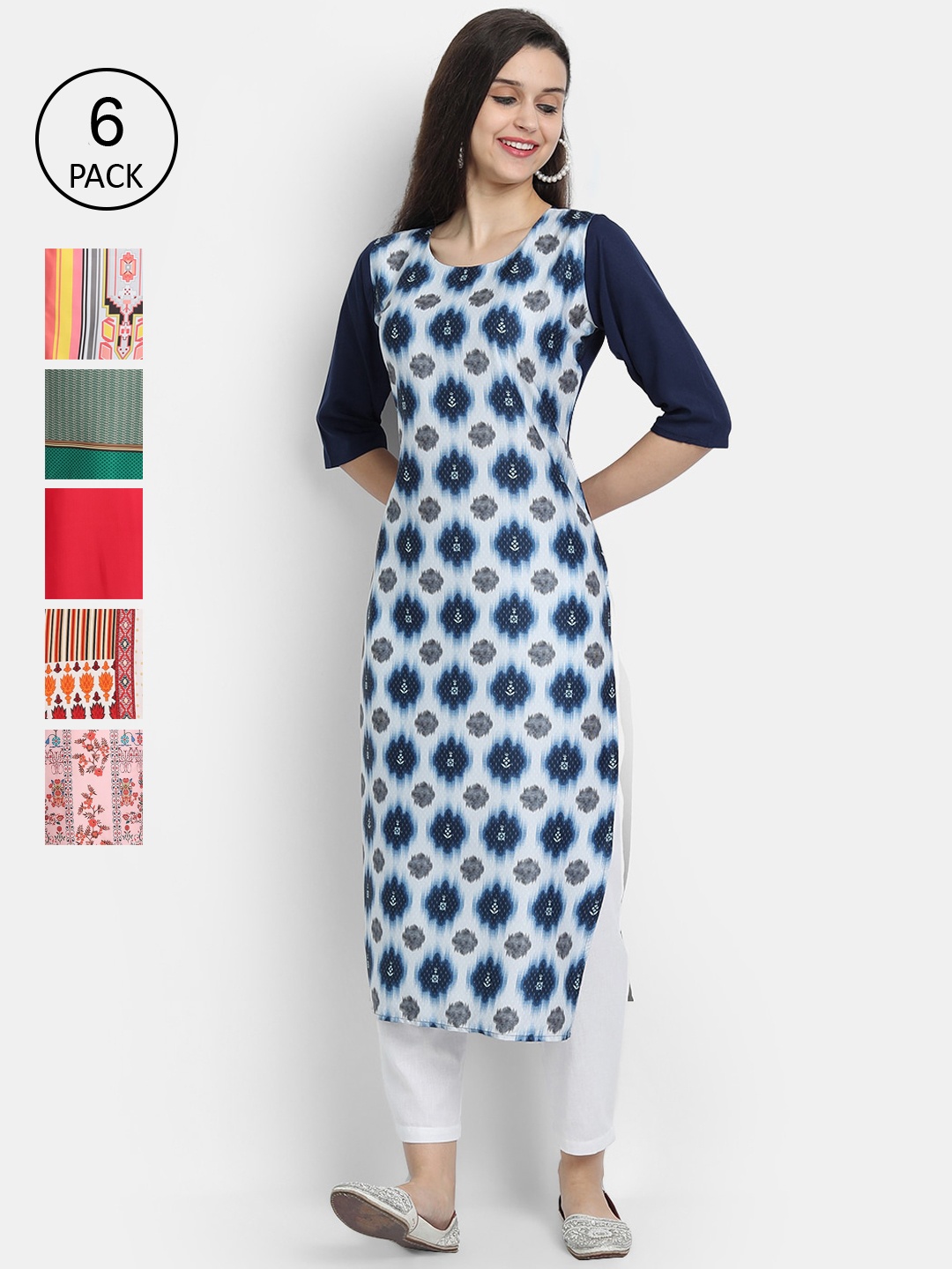 

Ethnic basket Women Pack Of 6 Multicoloured Geometric Printed Crepe Kurtas, Multi