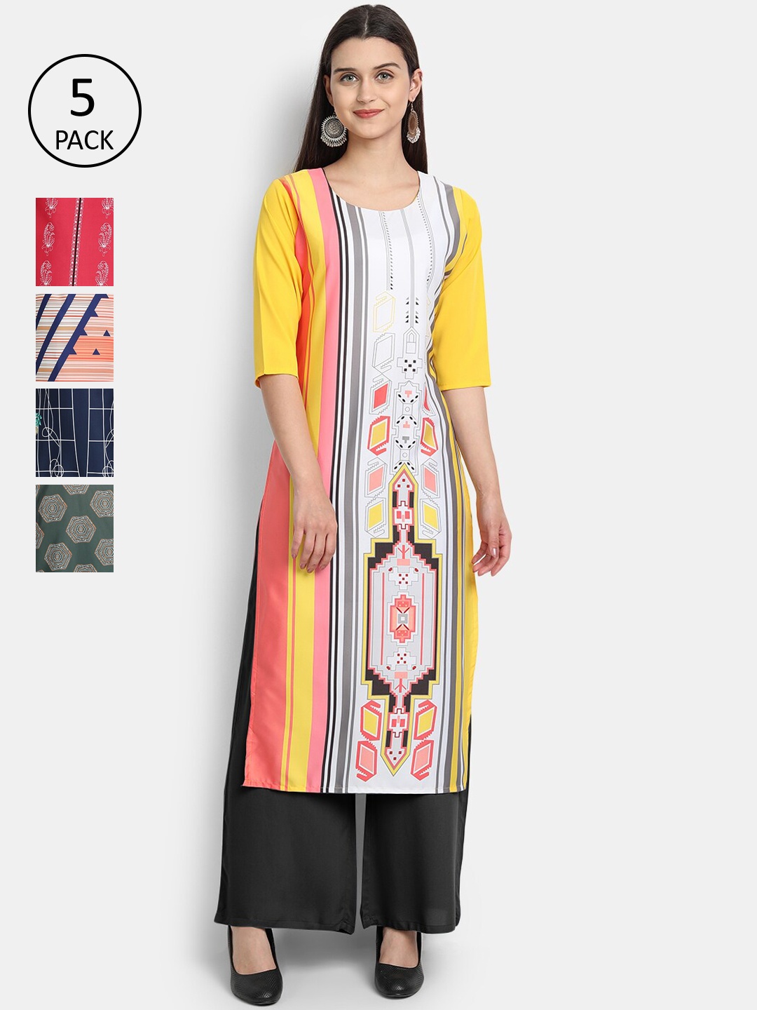 

Ethnic basket Women Pack Of 5 Multicoloured Printed Crepe Kurtas, Multi